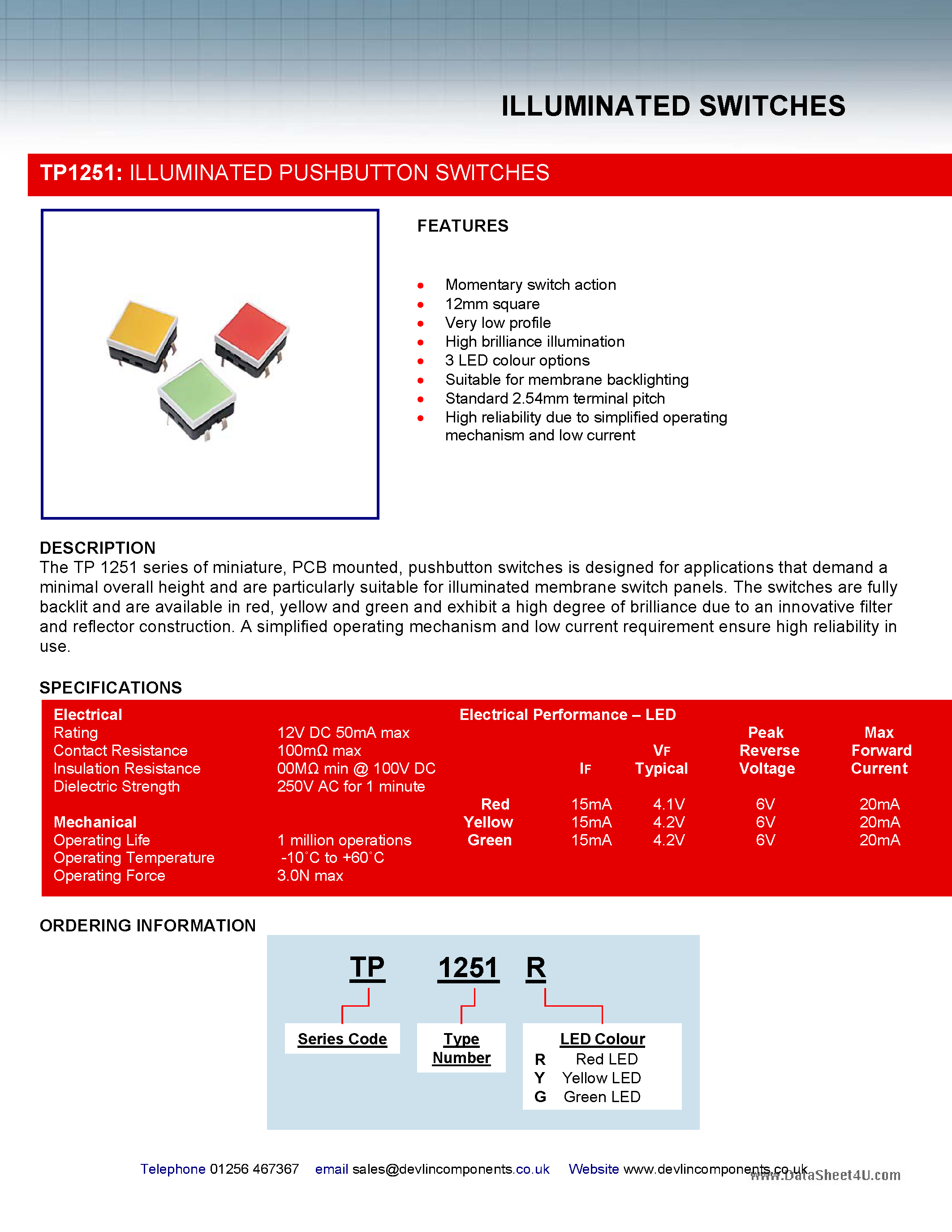 Datasheet TP1251 page 1 Datasheet TP1251 - ILLUMINATED PUSHBUTTON SWITCHES page 1