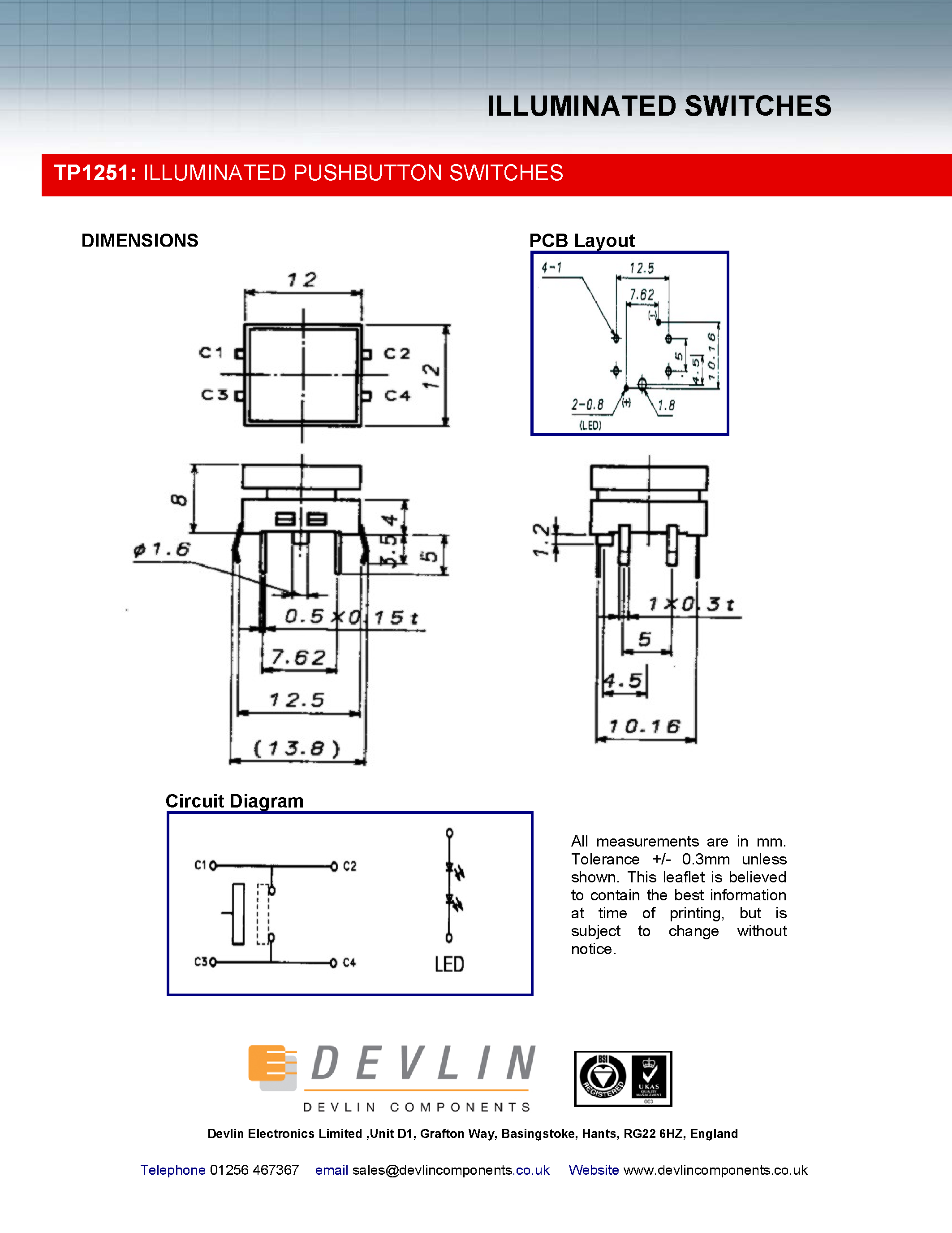 Datasheet TP1251 page 2 Datasheet TP1251 - ILLUMINATED PUSHBUTTON SWITCHES page 2