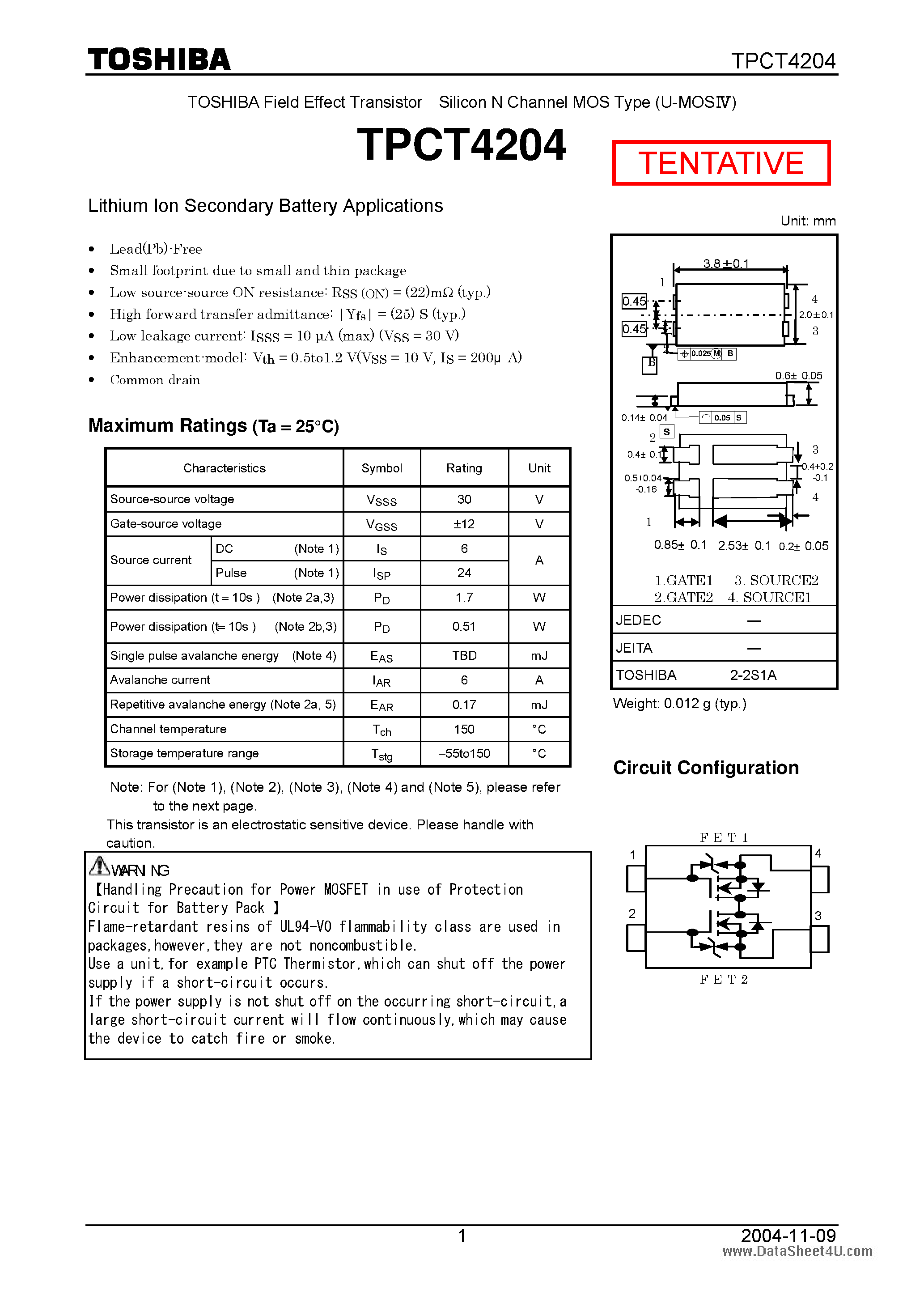 Datasheet TPCT4204 page 1 Datasheet TPCT4204 - Field Effect Transistor Silicon N Channel MOS Type page 1