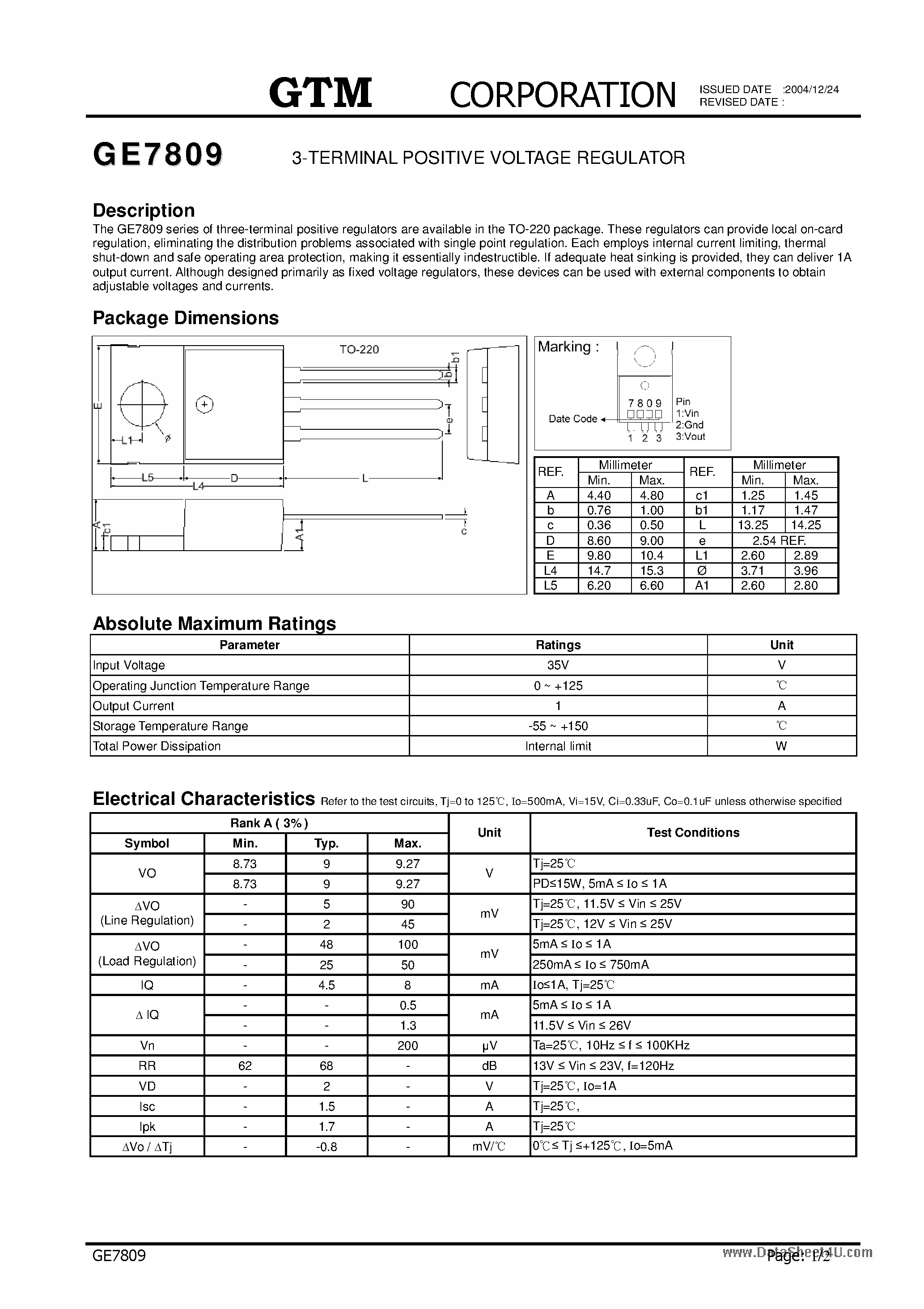 Даташит GE7809 - 3-TERMINAL POSITIVE VOLTAGE REGULATOR страница 1