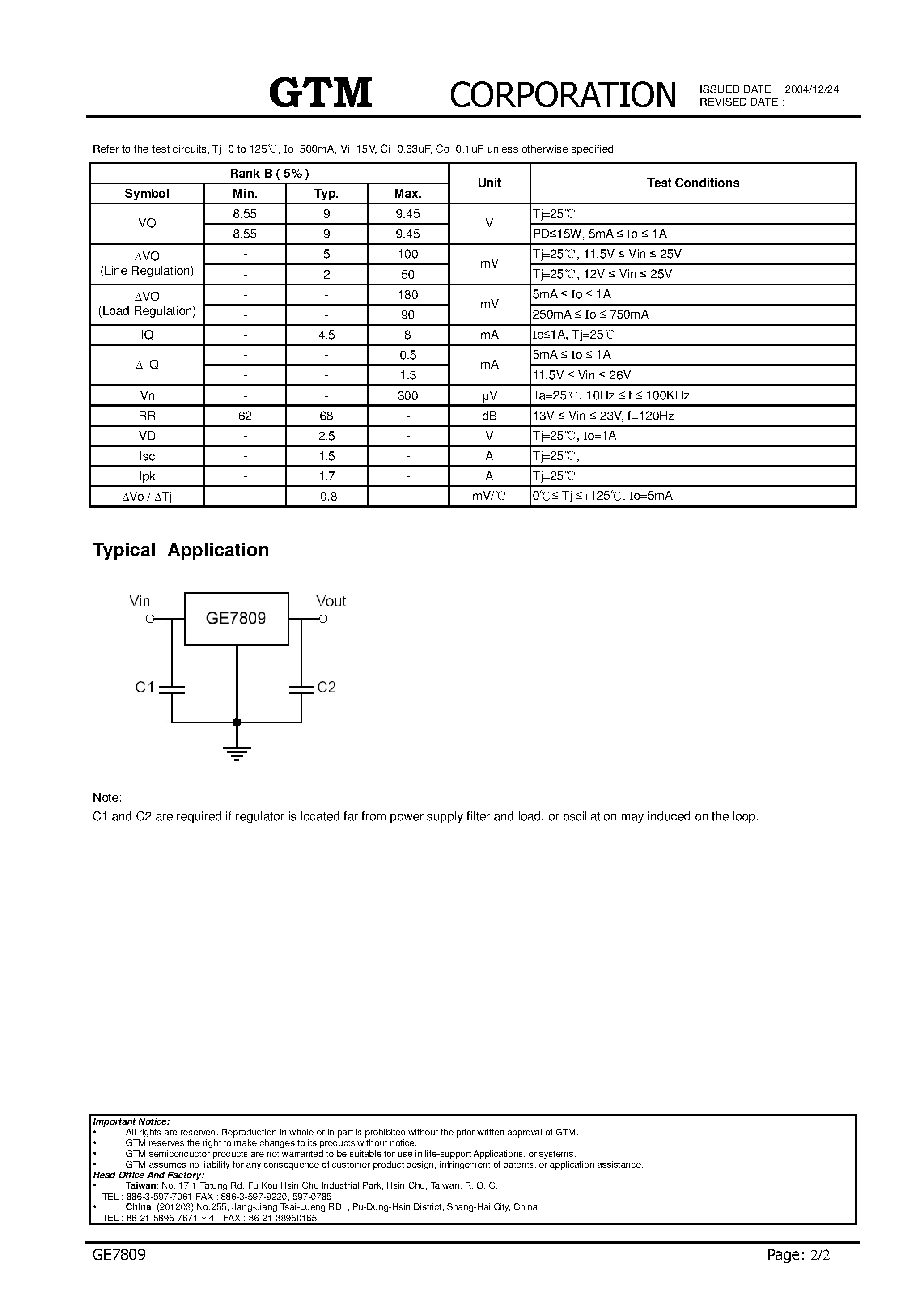 Даташит GE7809 - 3-TERMINAL POSITIVE VOLTAGE REGULATOR страница 2