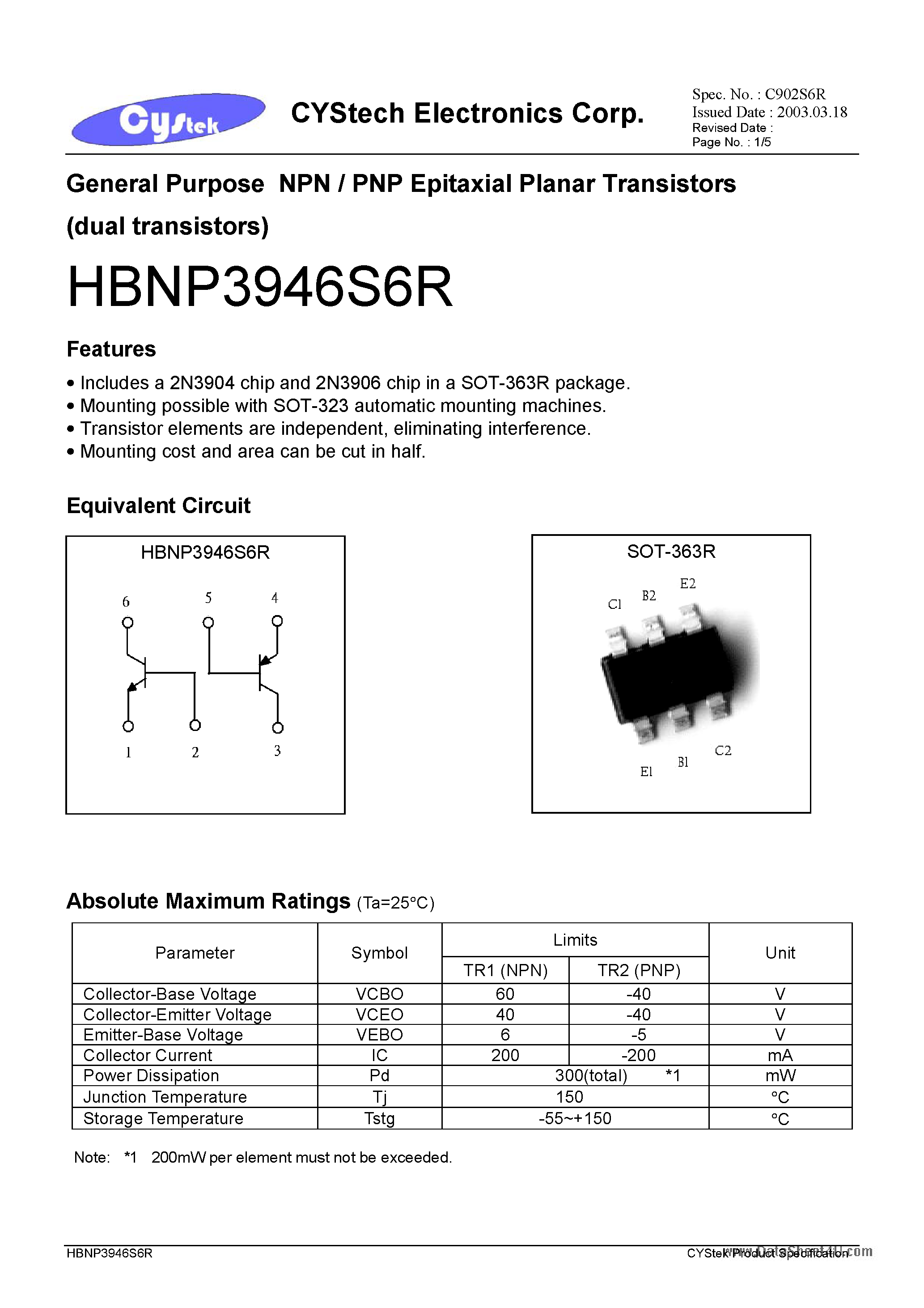 Даташит на микросхему HBNP3946S6R страница 1 Даташит HBNP3946S6R - General Purpose NPN / PNP Epitaxial Planar Transistors страница 1