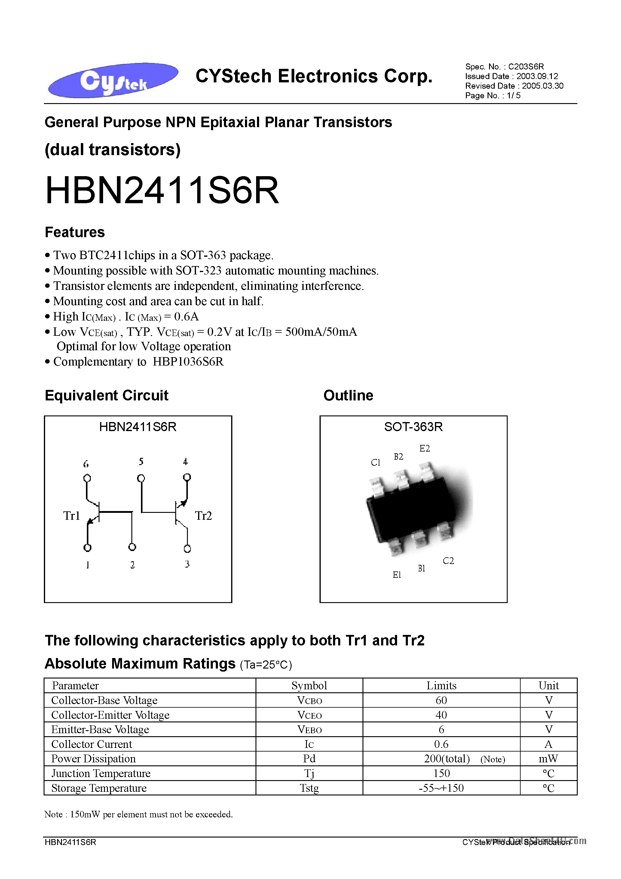 Даташит на микросхему HBN2411S6R страница 1 Даташит HBN2411S6R - General Purpose NPN Epitaxial Planar Transistors страница 1