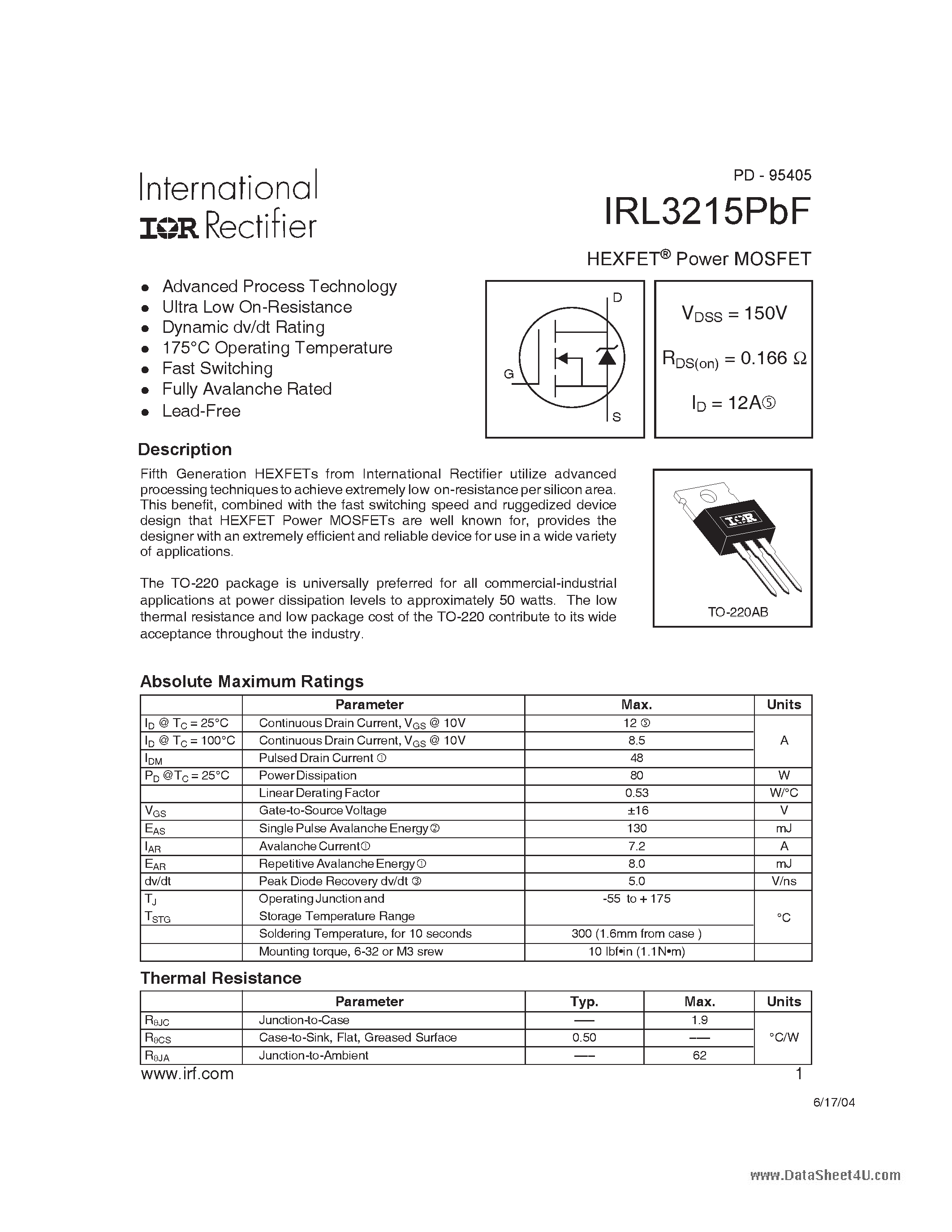 Datasheet IRL3215PBF - HEXFET Power MOSFET page 1