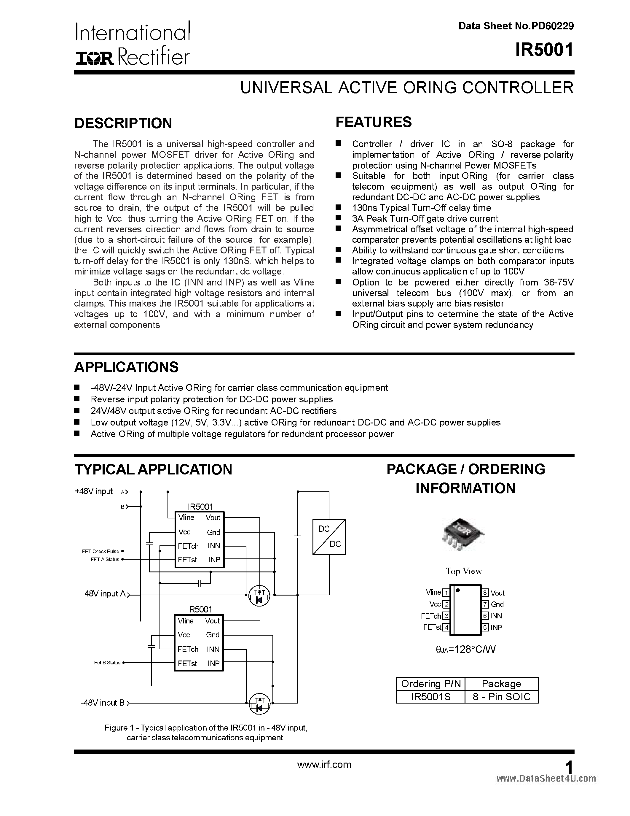Даташит IR5001 - UNIVERSAL ACTIVE ORING CONTROLLER страница 1