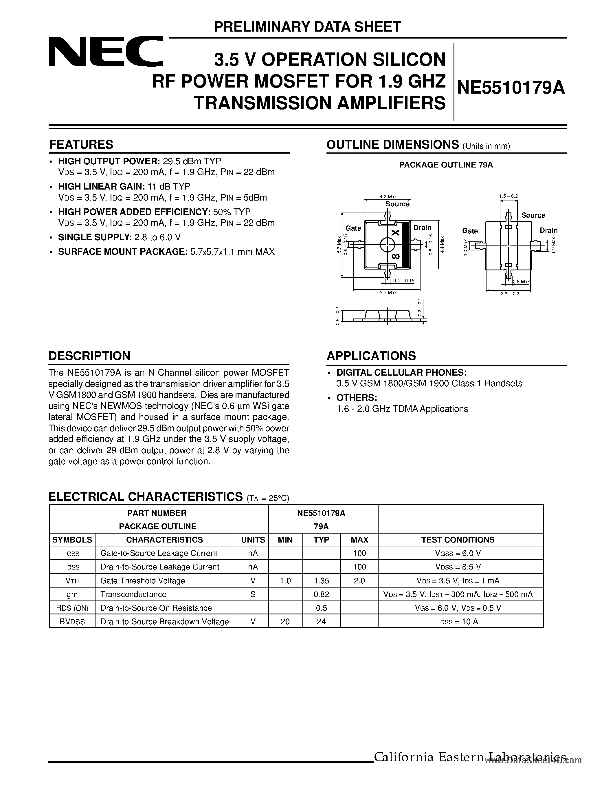 Datasheet NE5510179A - 3.5V OPERATION SILICON RF POWER MOSFET page 1