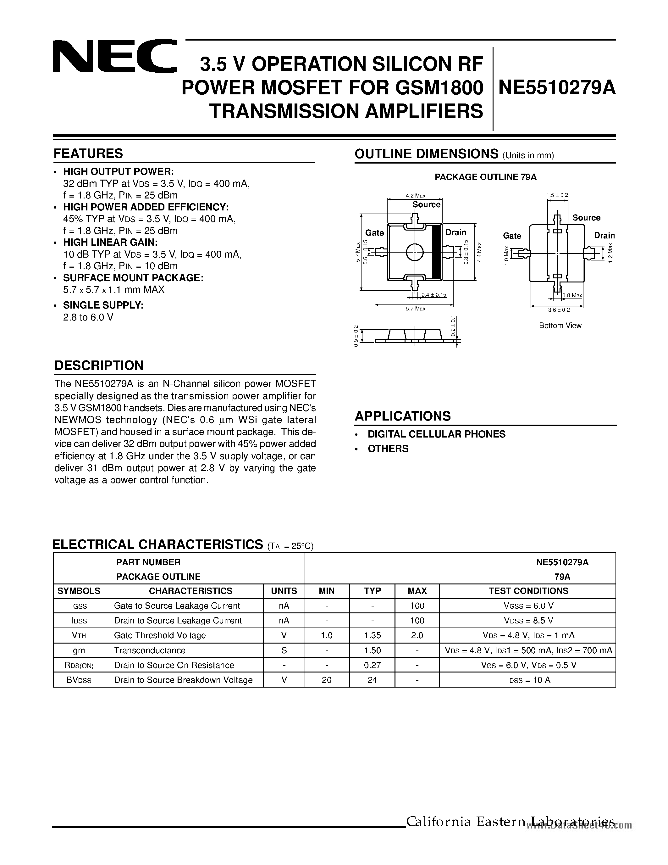Datasheet NE5510279A - 3.5V OPERATION SILICON RF POWER MOSFET page 1