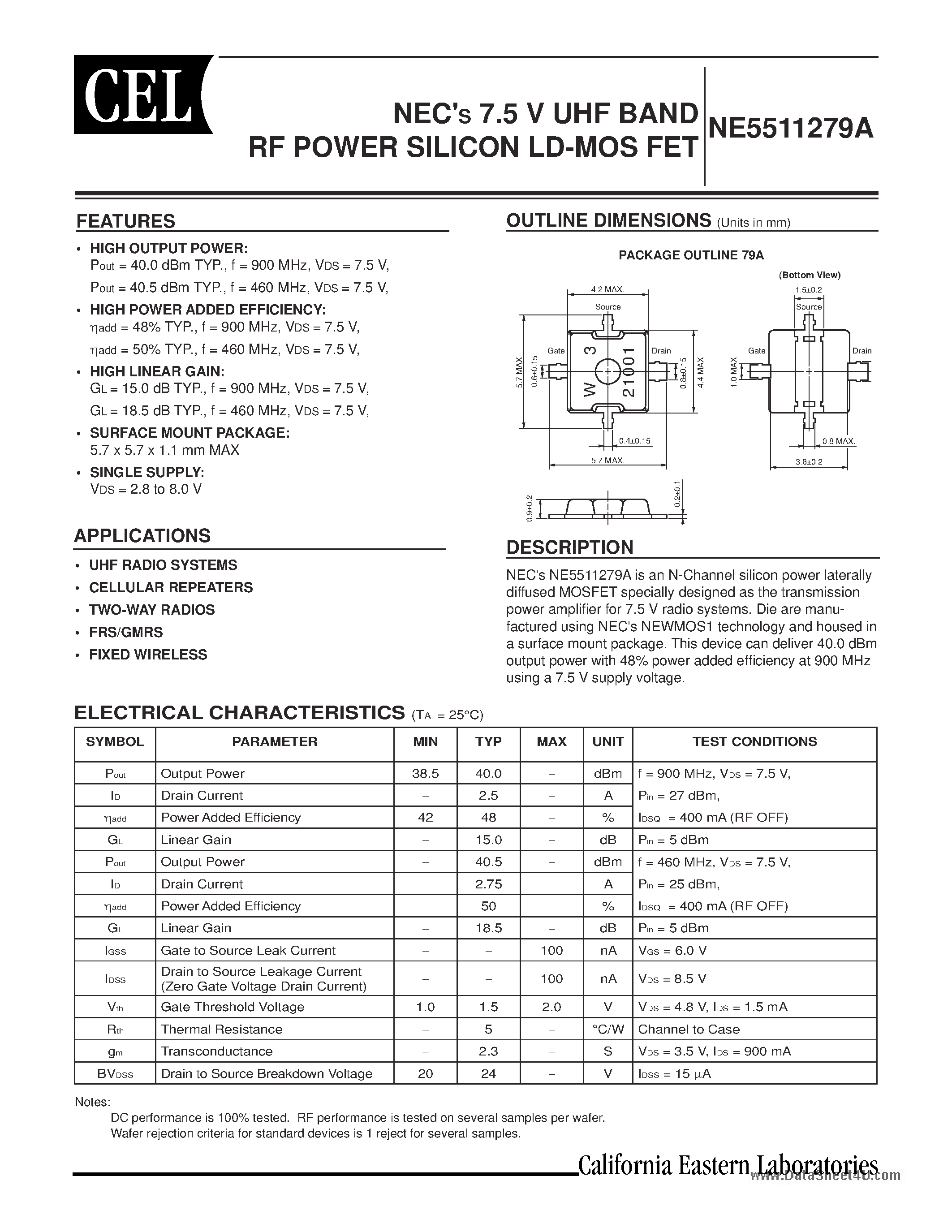 Даташит NE5511279A - 7.5 V UHF BAND RF POWER SILICON LD-MOS FET страница 1