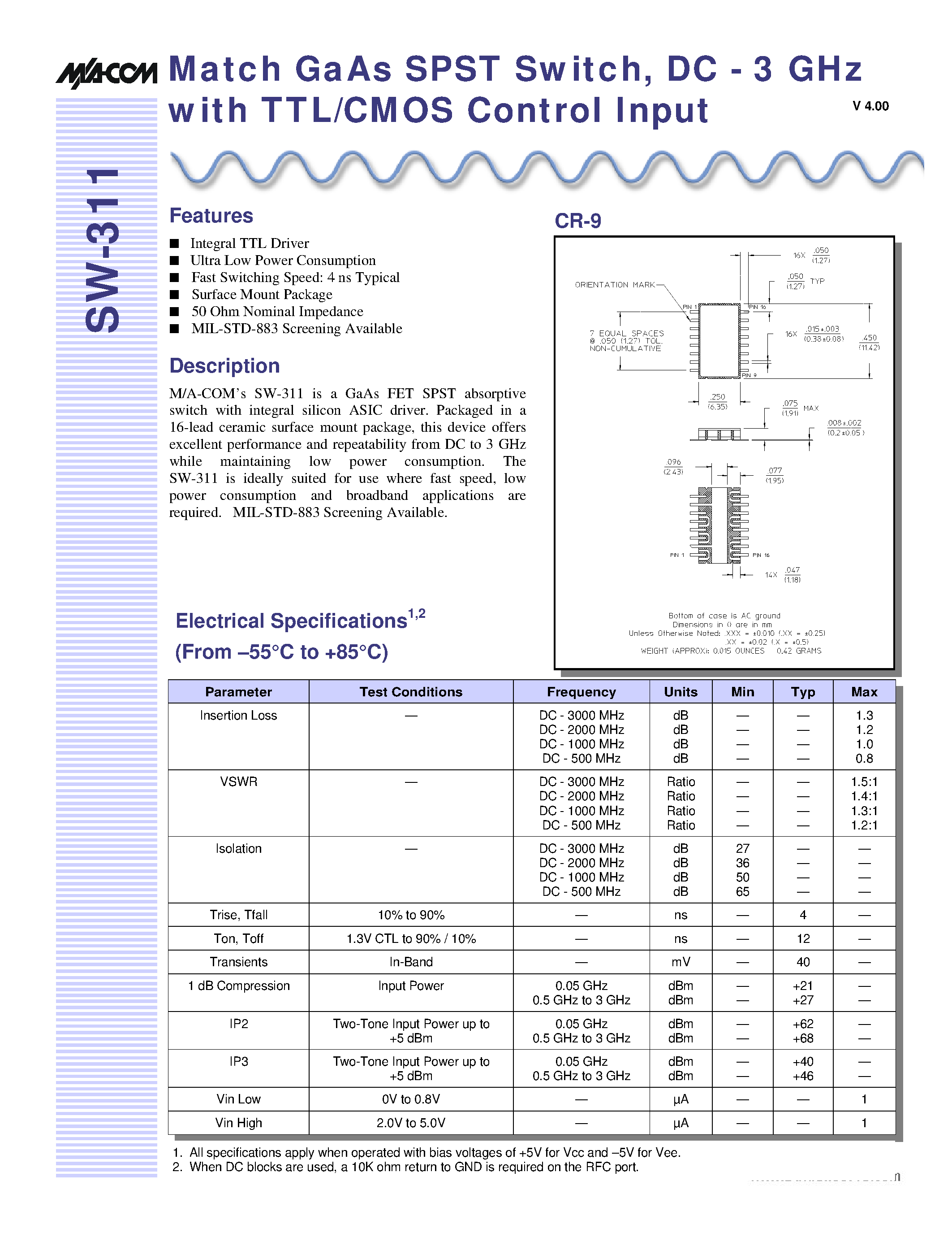 Datasheet SW-311 page 1 Datasheet SW-311 - Match GaAs SPST Switch page 1
