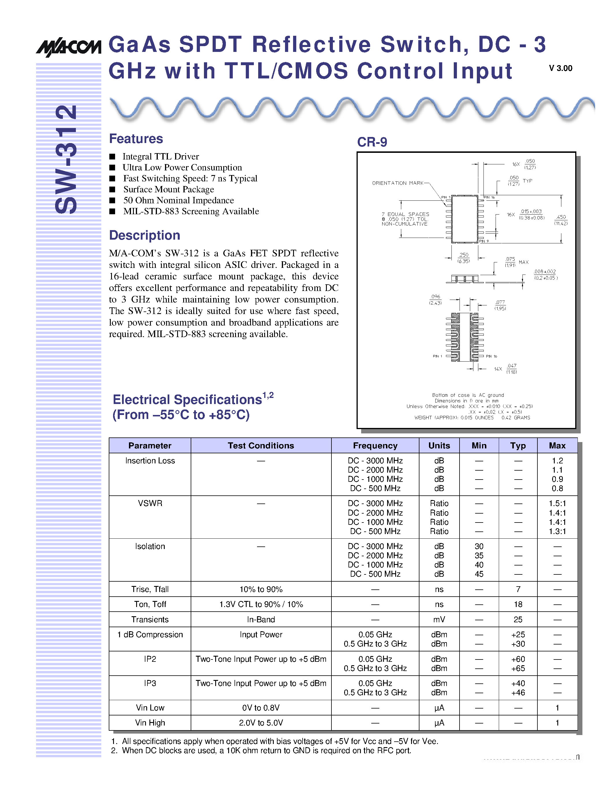 Datasheet SW-312 page 1 Datasheet SW-312 - GaAs SPDT Reflective Switch page 1