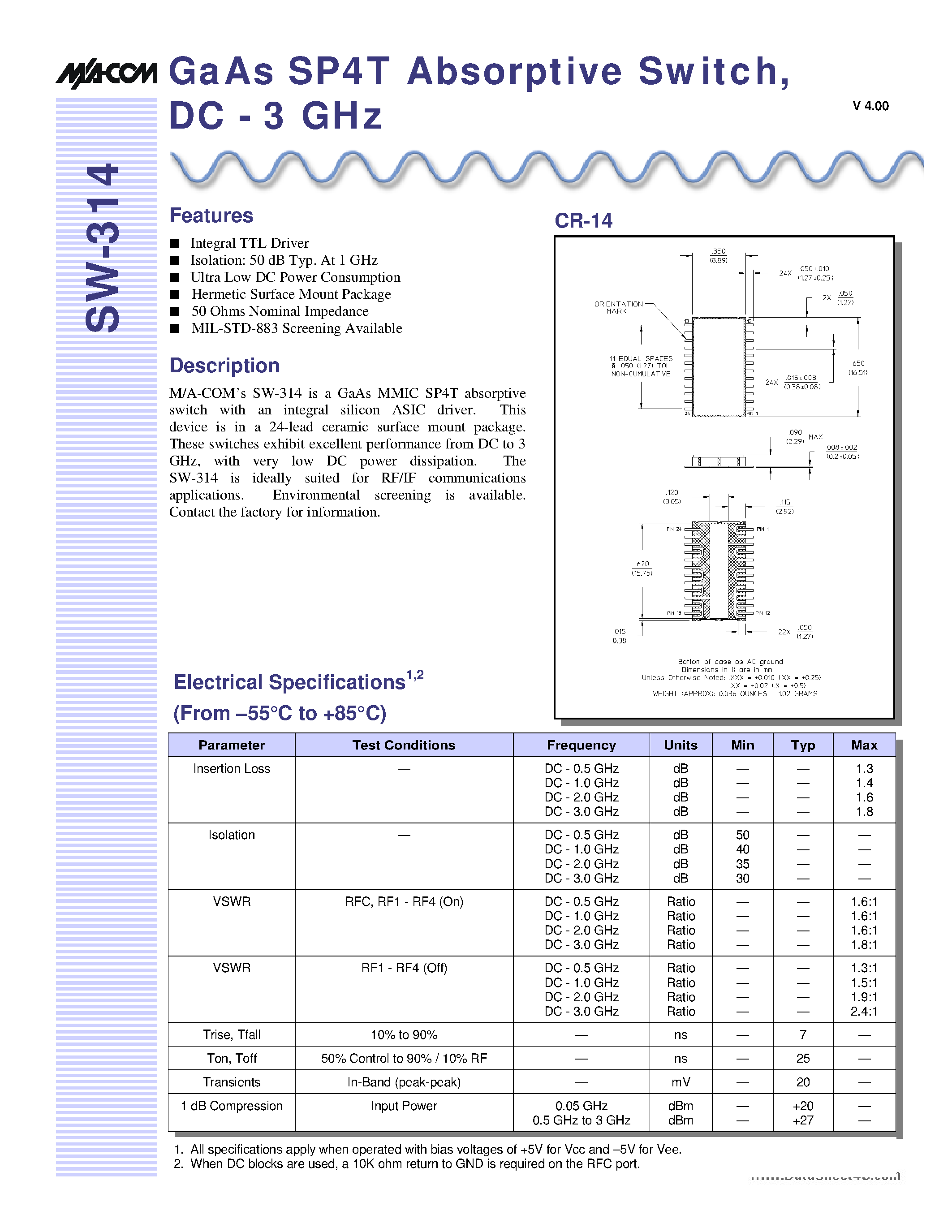 Datasheet SW-314 - GaAs SP4T Absorptive Switch page 1