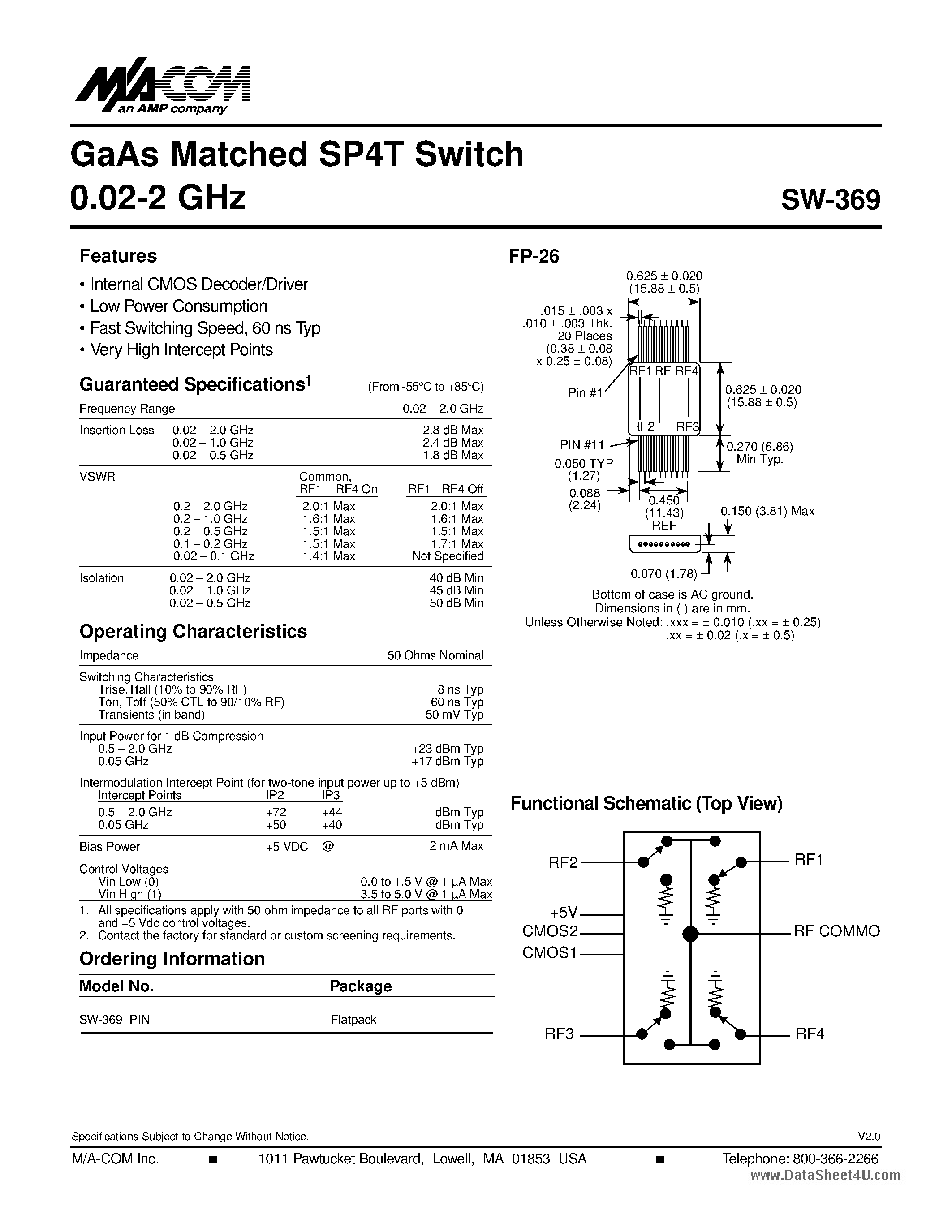 Datasheet SW-369 page 1 Datasheet SW-369 - GaAs Matched SP4T Switch page 1