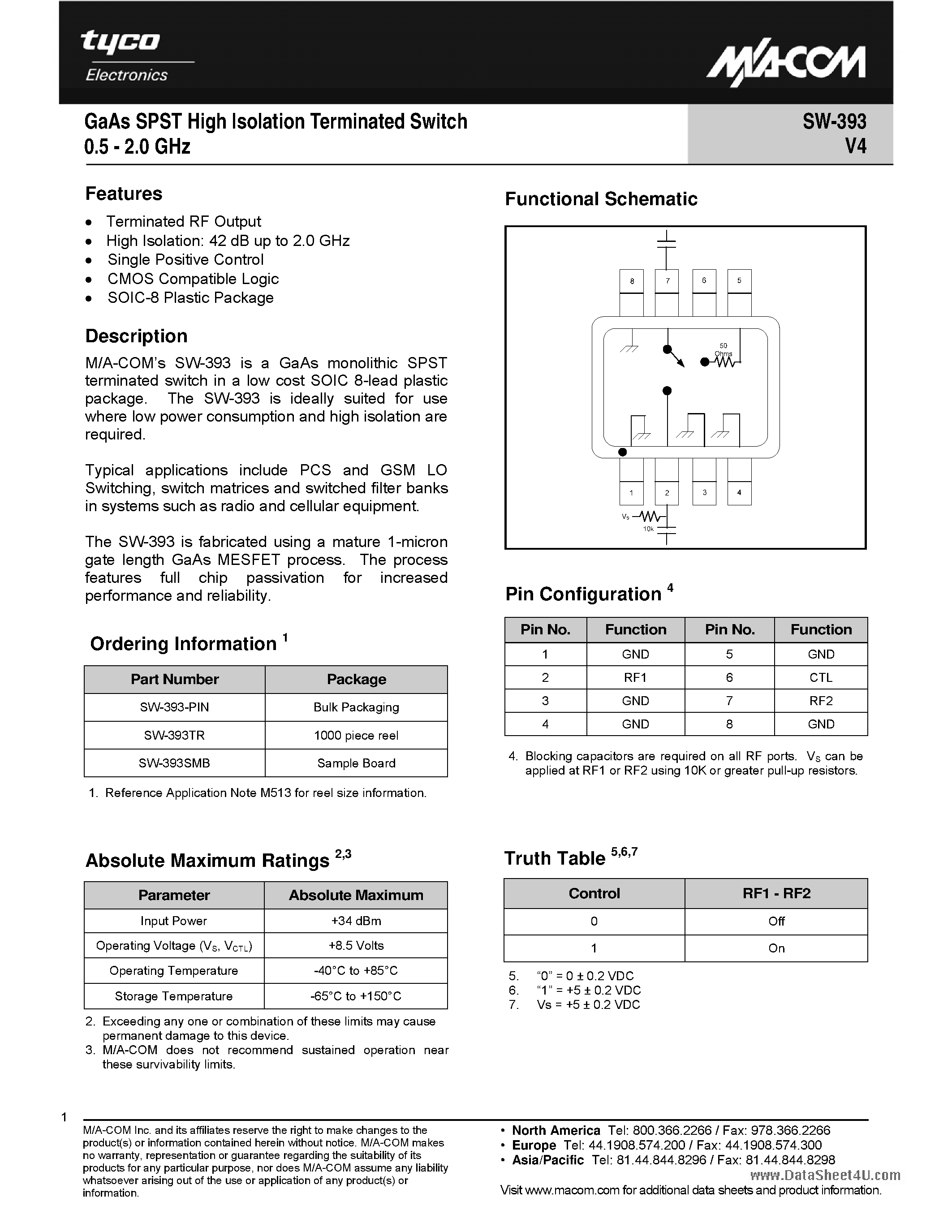 Datasheet SW-393 page 1 Datasheet SW-393 - GaAs SPST High Isolation Terminated Switch page 1