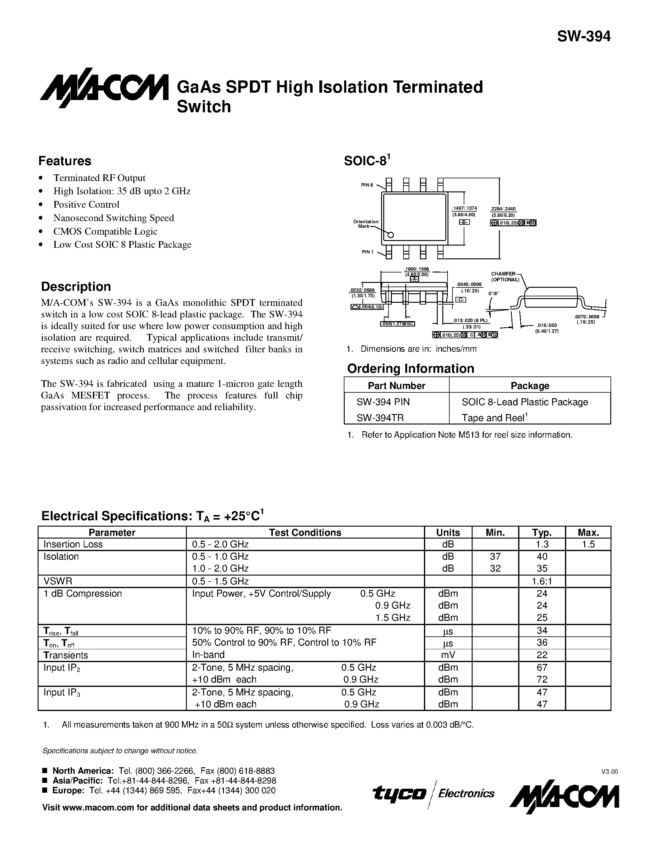 Datasheet SW-394 - GaAs SPDT High Isolation Terminated Switch page 1