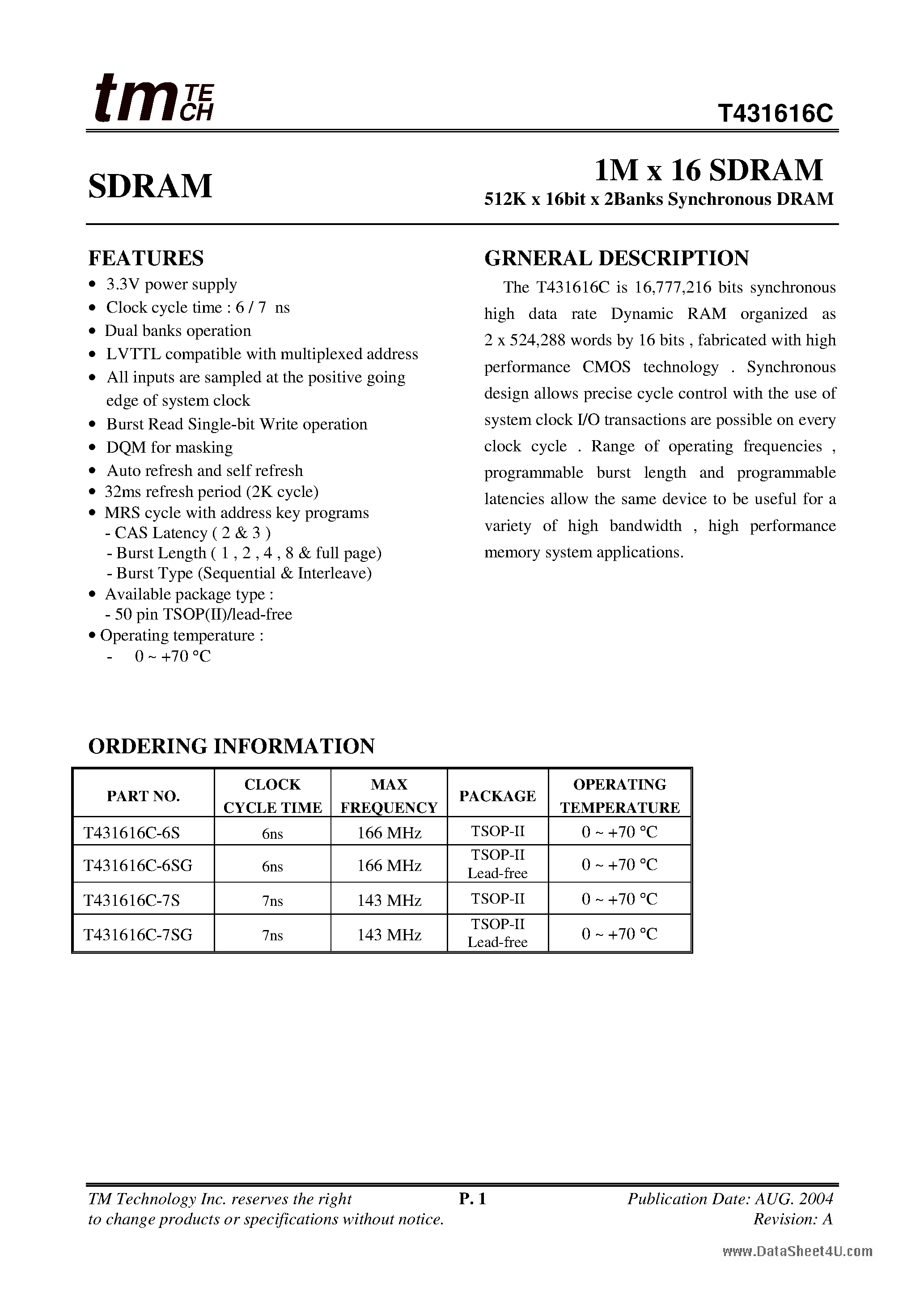 Datasheet T431616C - 1M x 16 SDRAM 512K x 16bit x 2Banks Synchronous DRAM page 1
