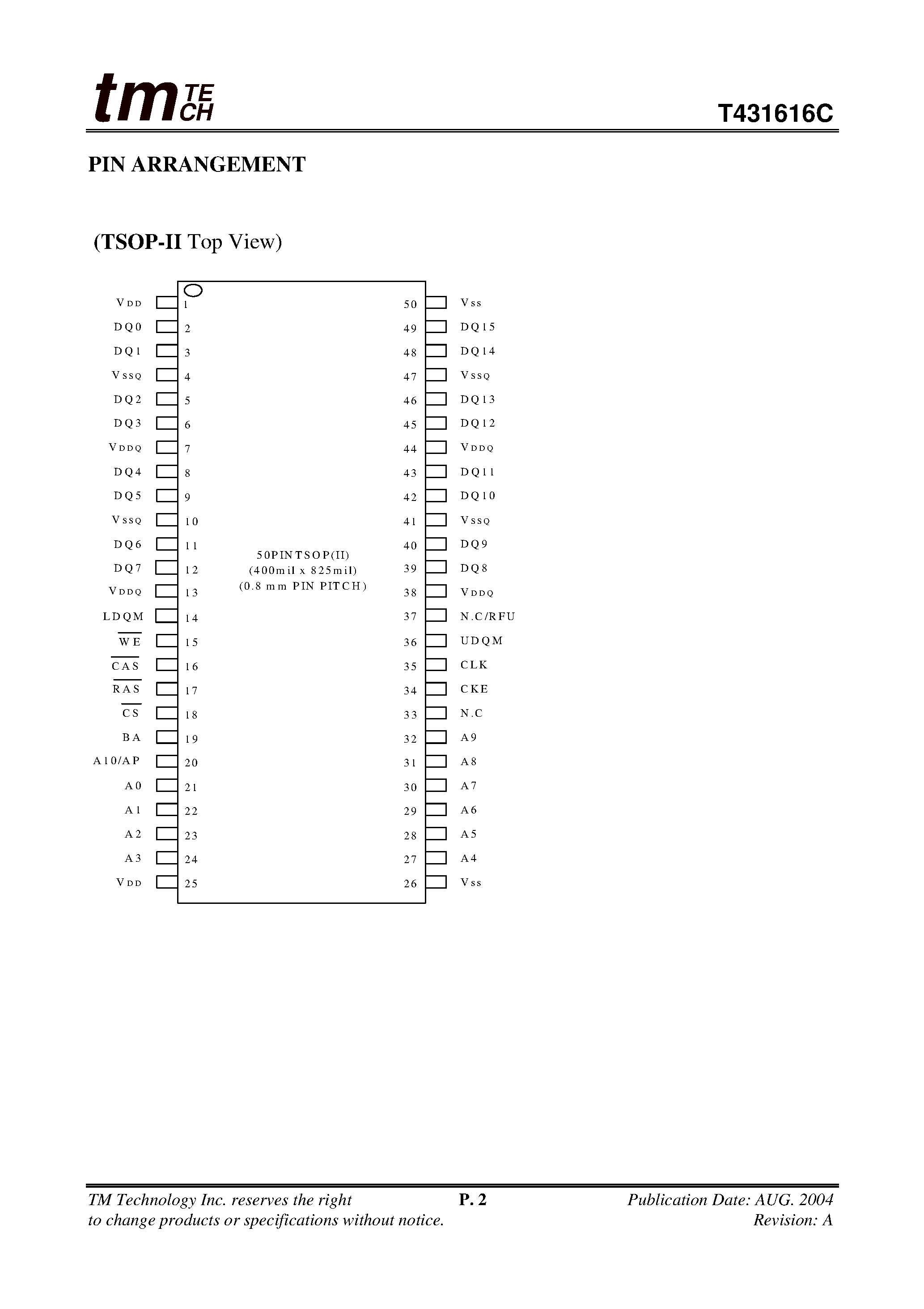 Datasheet T431616C - 1M x 16 SDRAM 512K x 16bit x 2Banks Synchronous DRAM page 2
