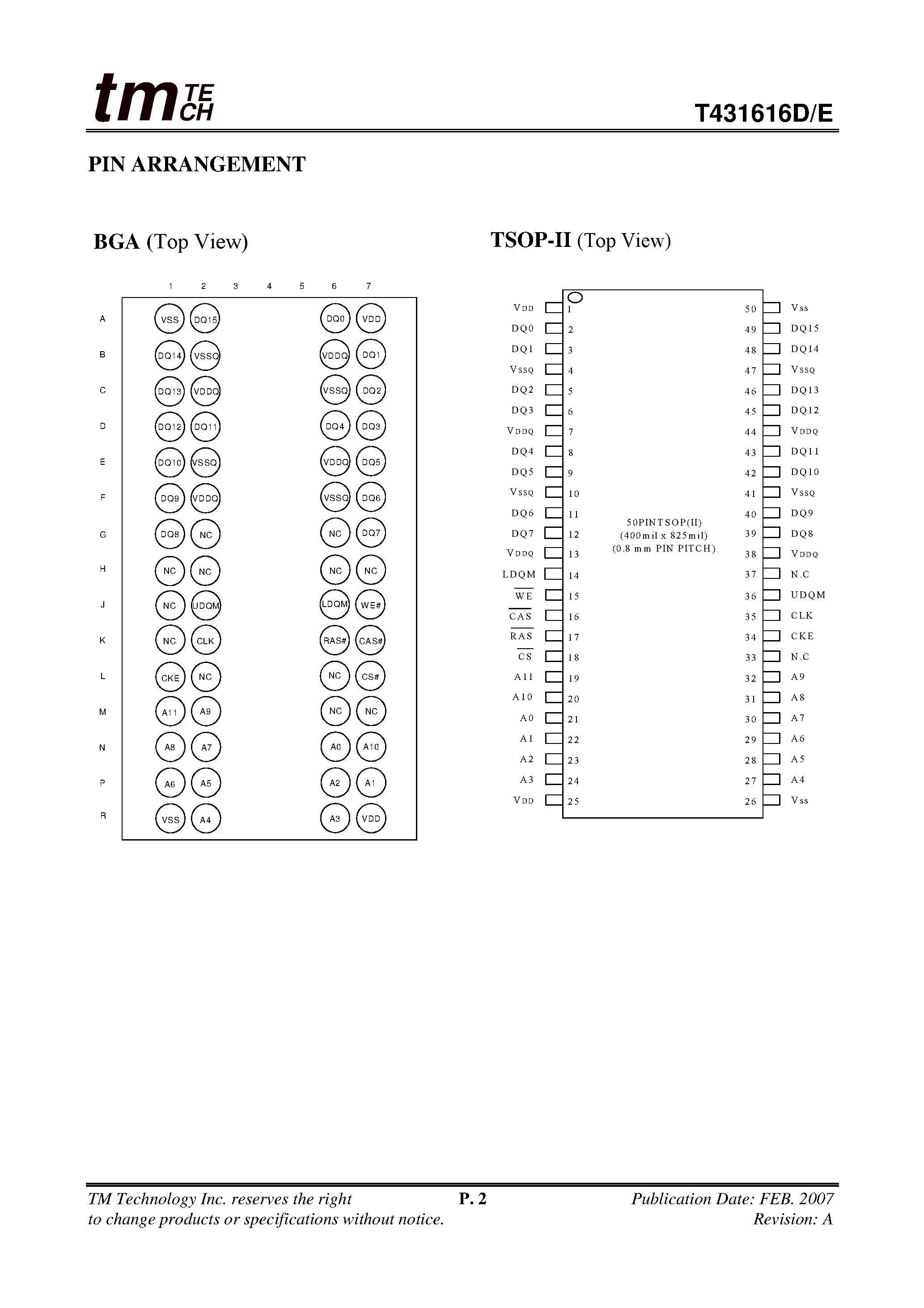 Даташит T431616D - (T431616D/E) 1M x 16 SDRAM 512K x 16bit x 2Banks Synchronous DRAM страница 2