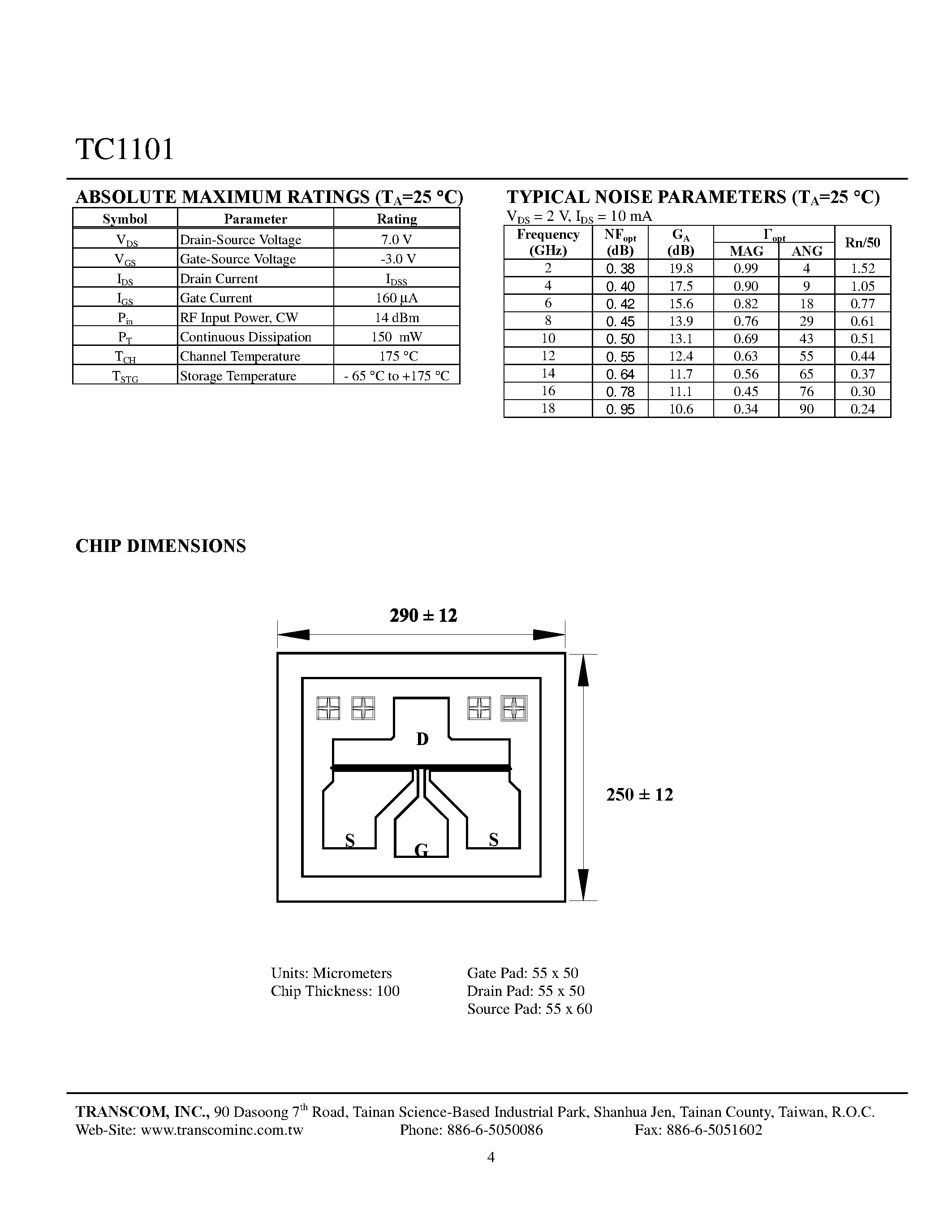 Datasheet TC1101 page 2 Datasheet TC1101 - Low Noise and Medium Power GaAs FETs page 2
