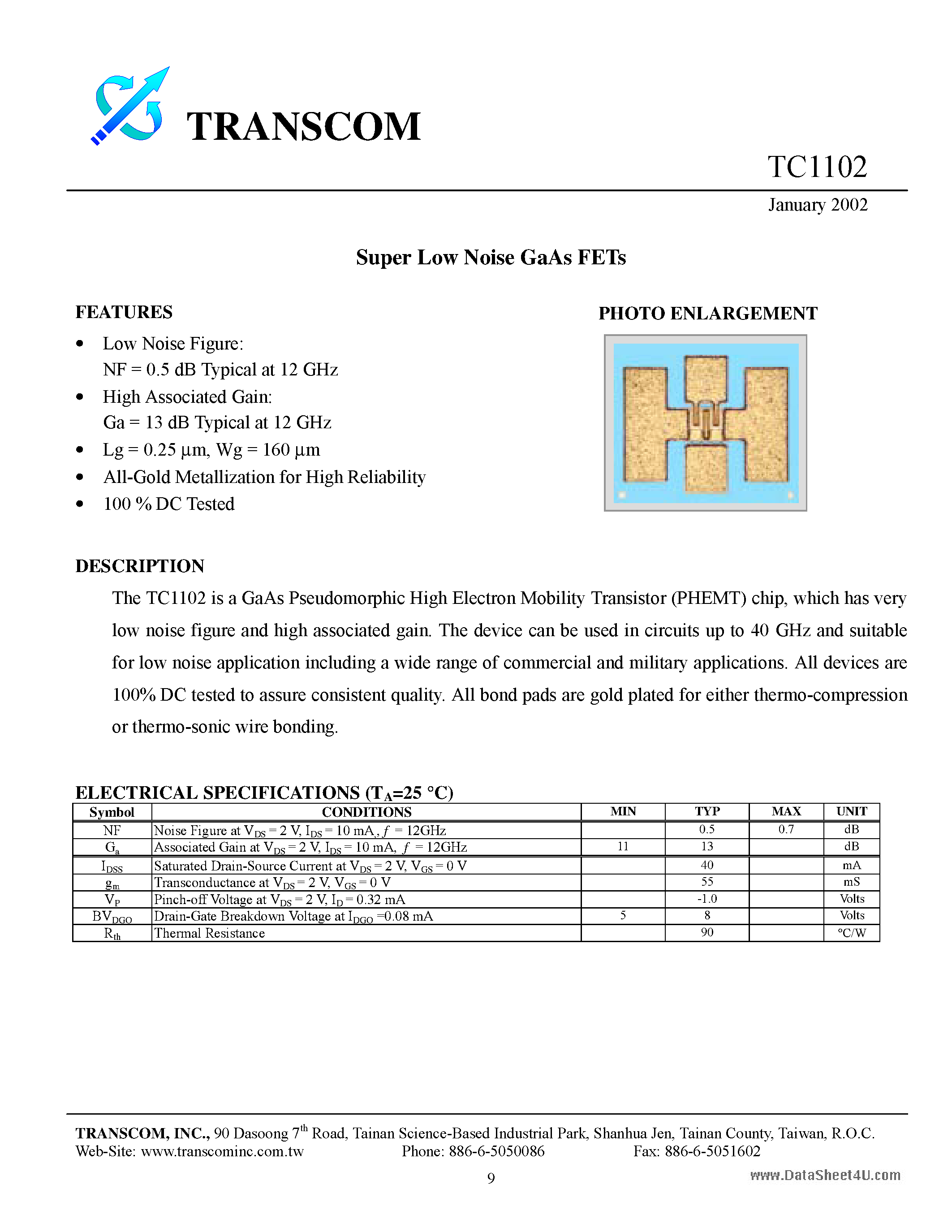Datasheet TC1102 - Super Low Noise GaAs FETs page 1