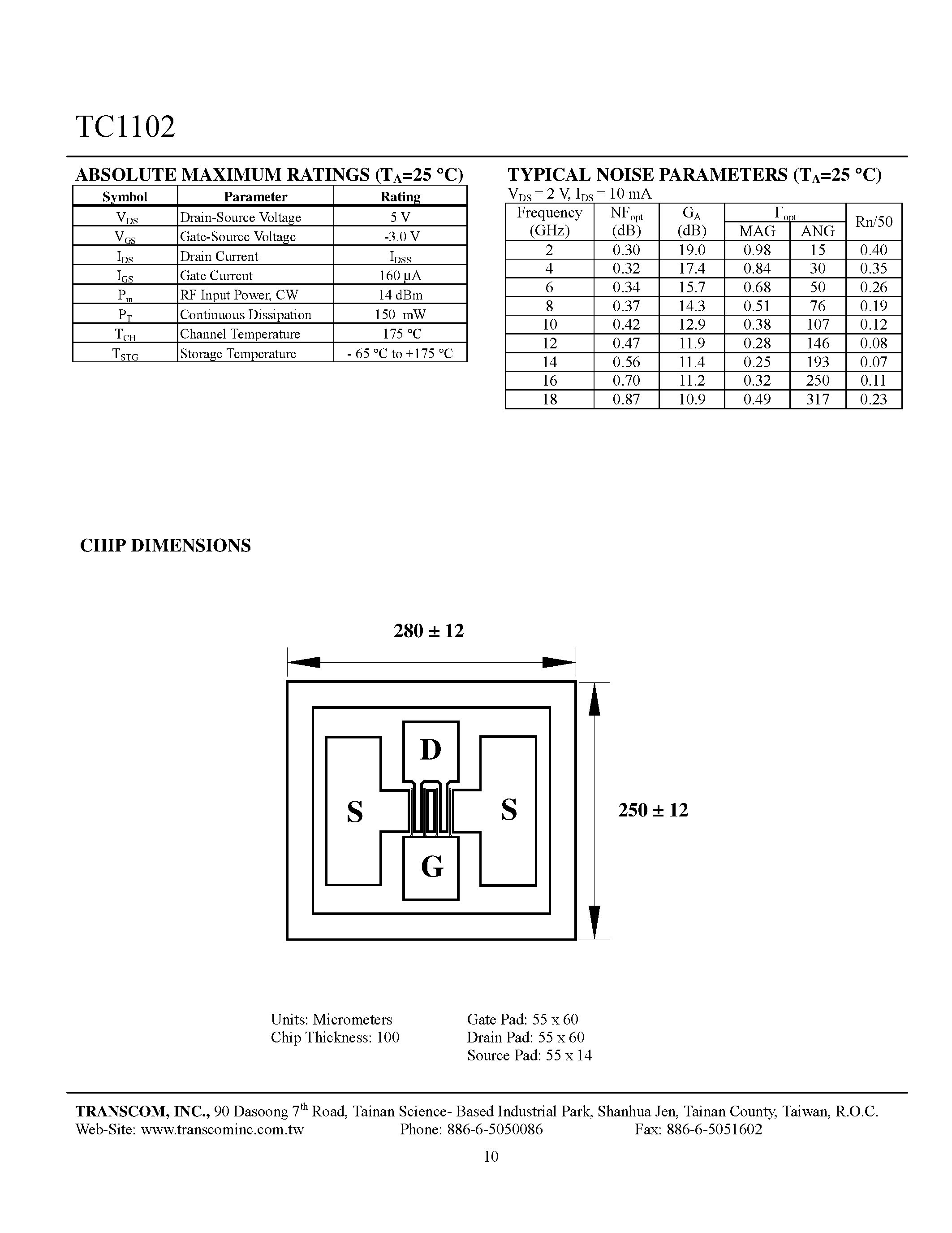 Datasheet TC1102 - Super Low Noise GaAs FETs page 2