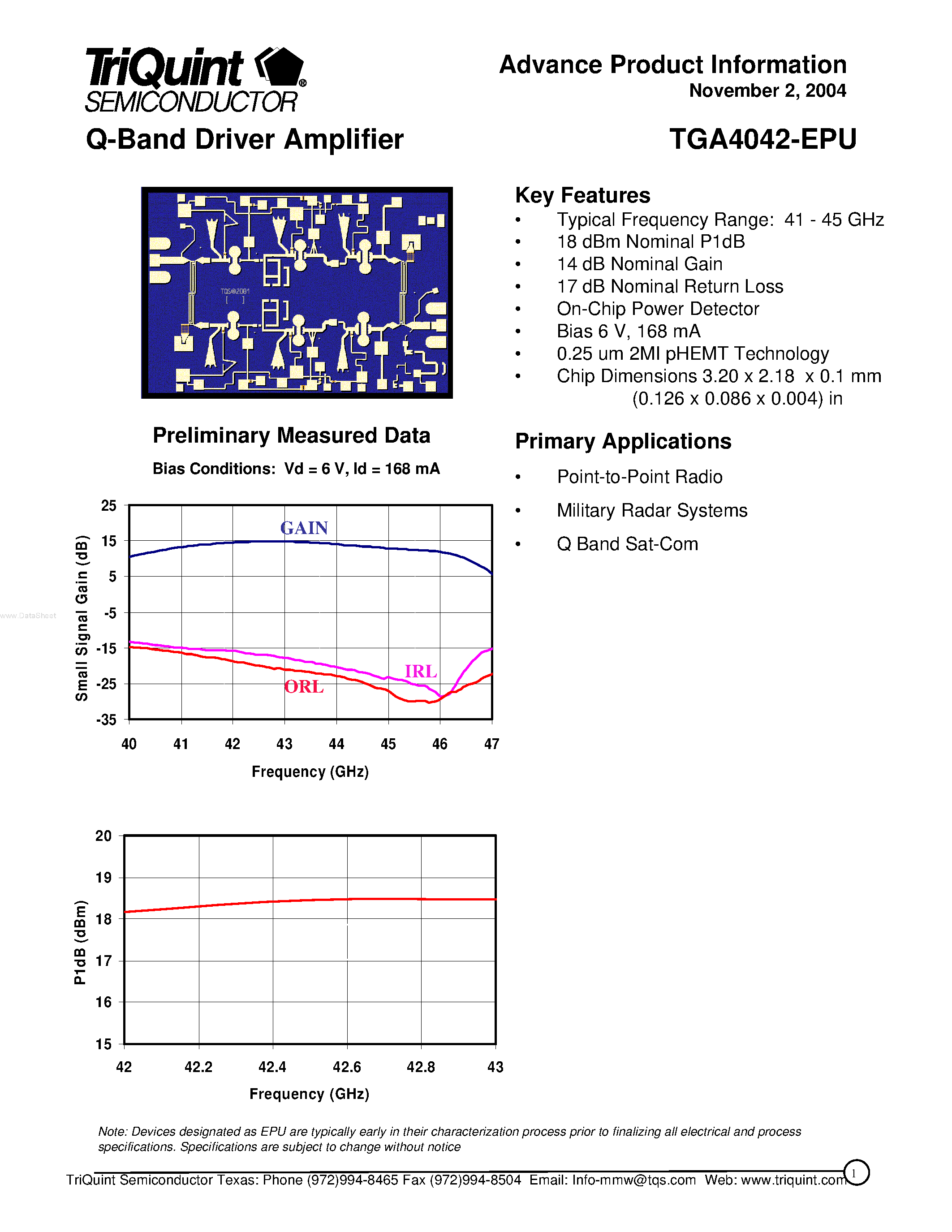 Даташит на микросхему TGA4042-EPU страница 1 Даташит TGA4042-EPU - Q-Band Driver Amplifier страница 1