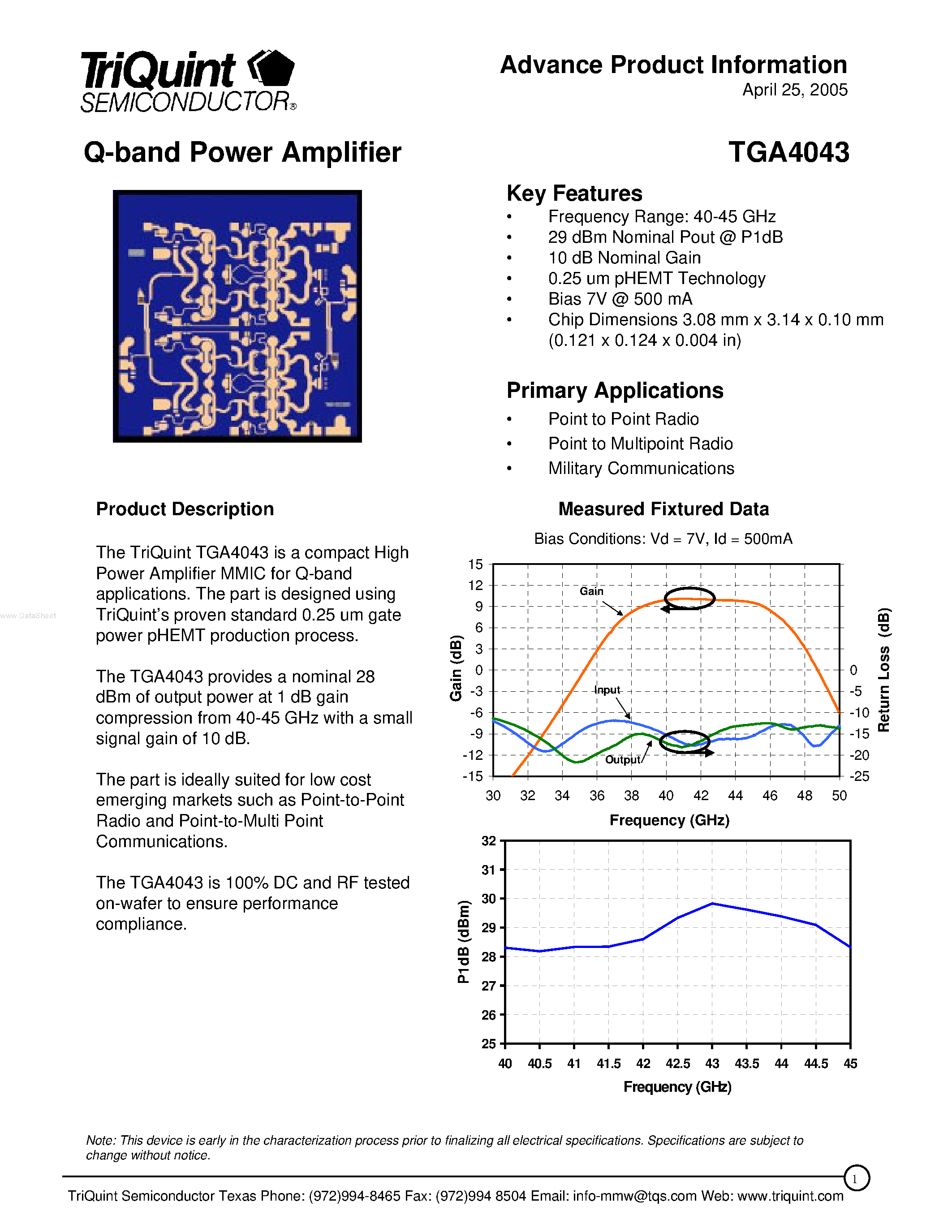 Даташит на микросхему TGA4043 страница 1 Даташит TGA4043 - Q-Band Driver Amplifier страница 1