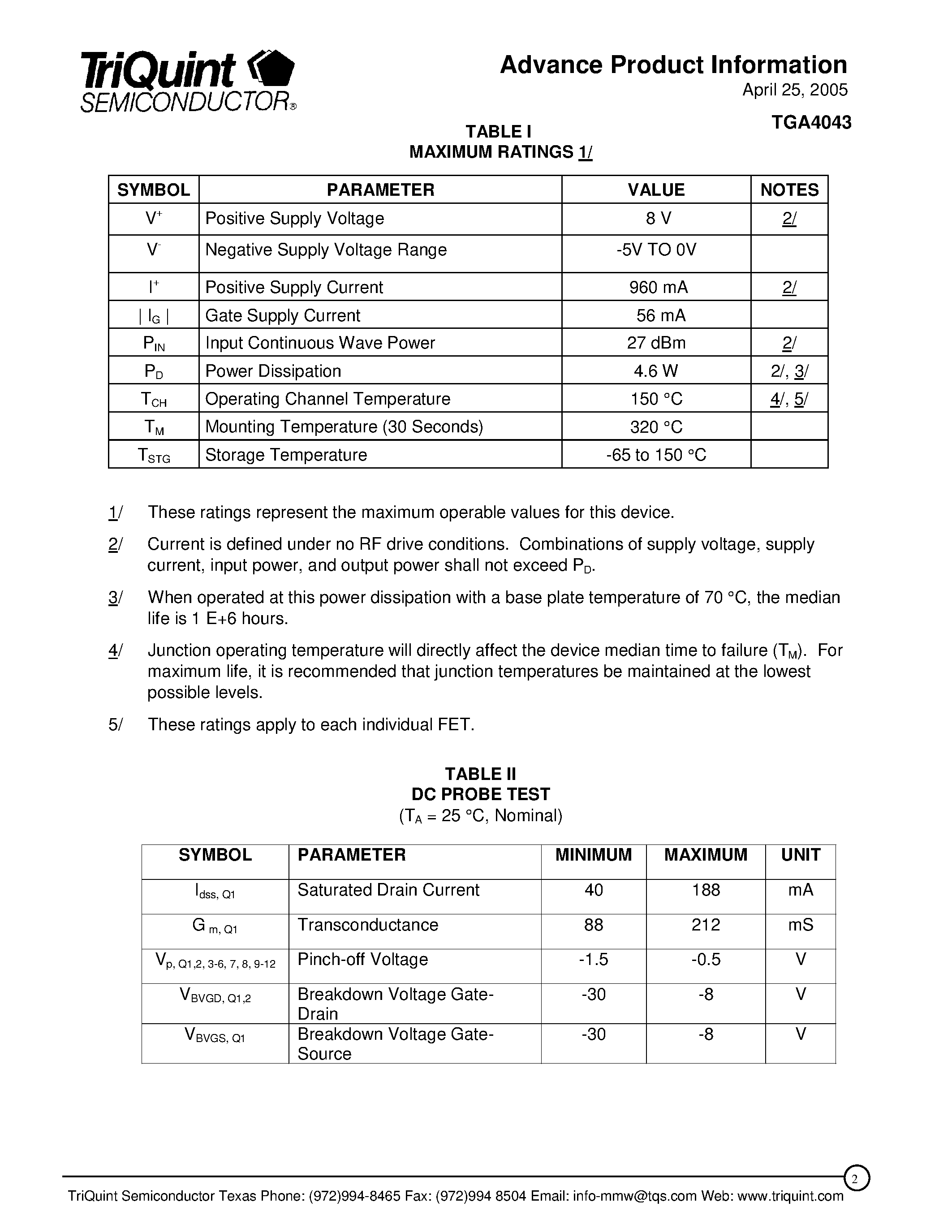 Даташит на микросхему TGA4043 страница 2 Даташит TGA4043 - Q-Band Driver Amplifier страница 2