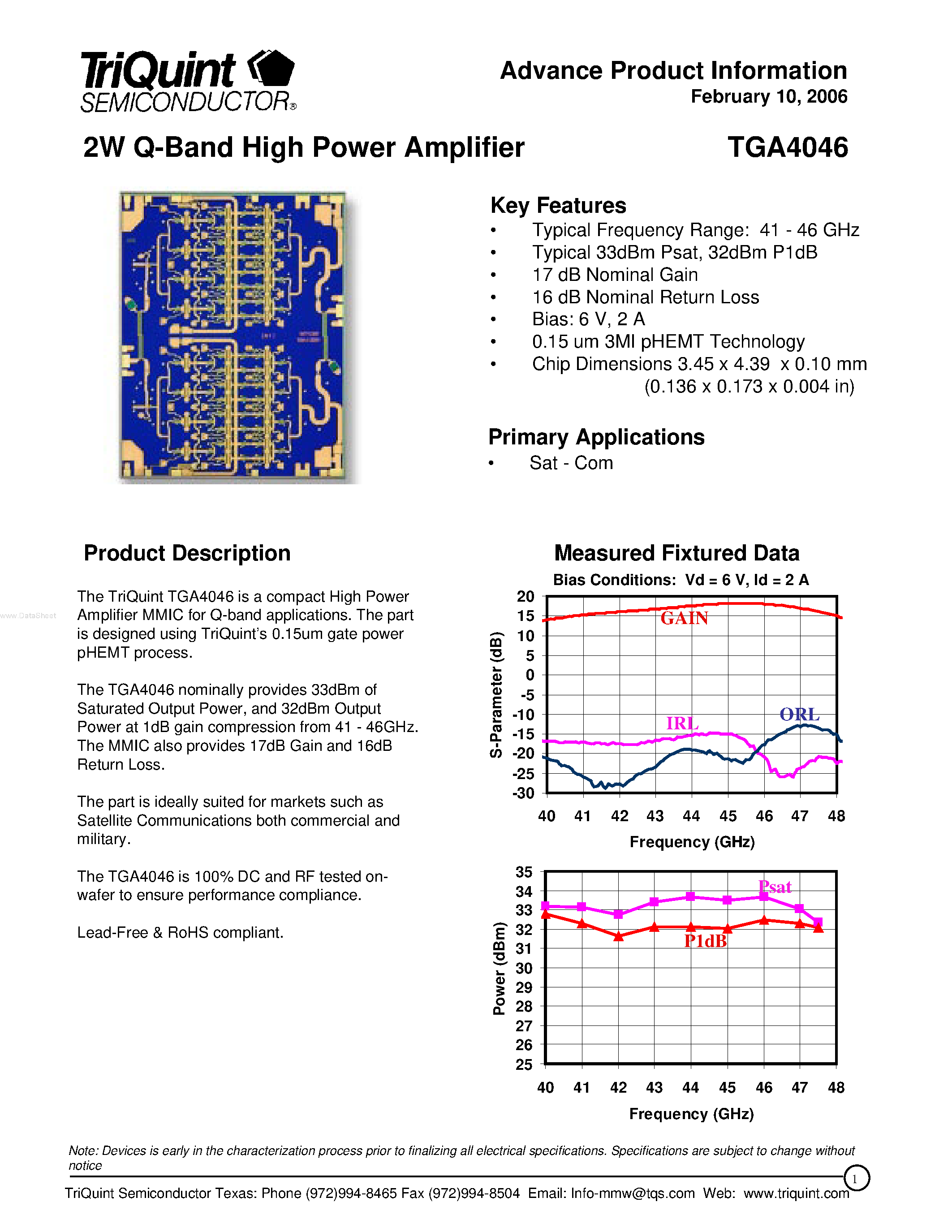 Даташит на микросхему TGA4046 страница 1 Даташит TGA4046 - Q-Band Driver Amplifier страница 1