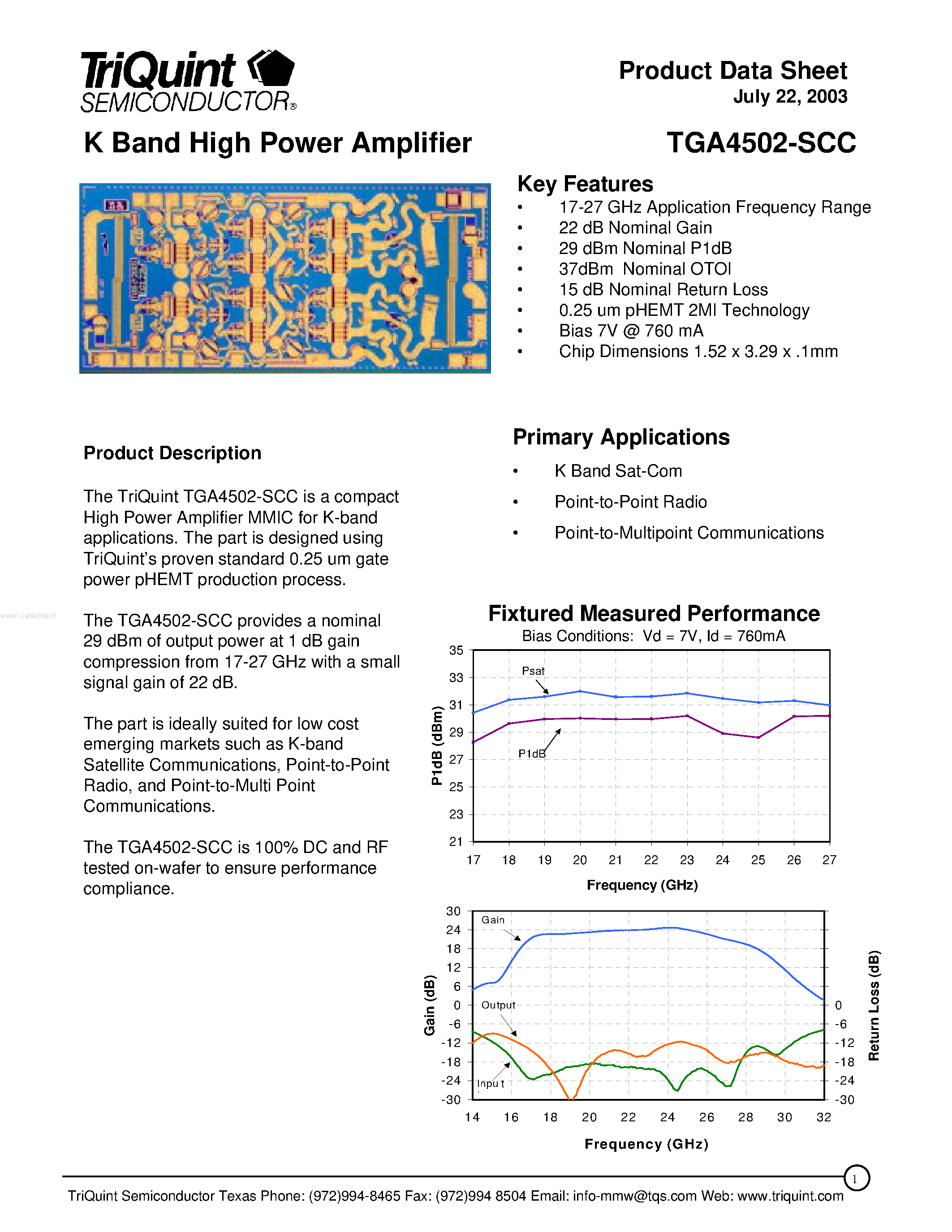 Datasheet TGA4502-SCC - K Band High Power Amplifier page 1