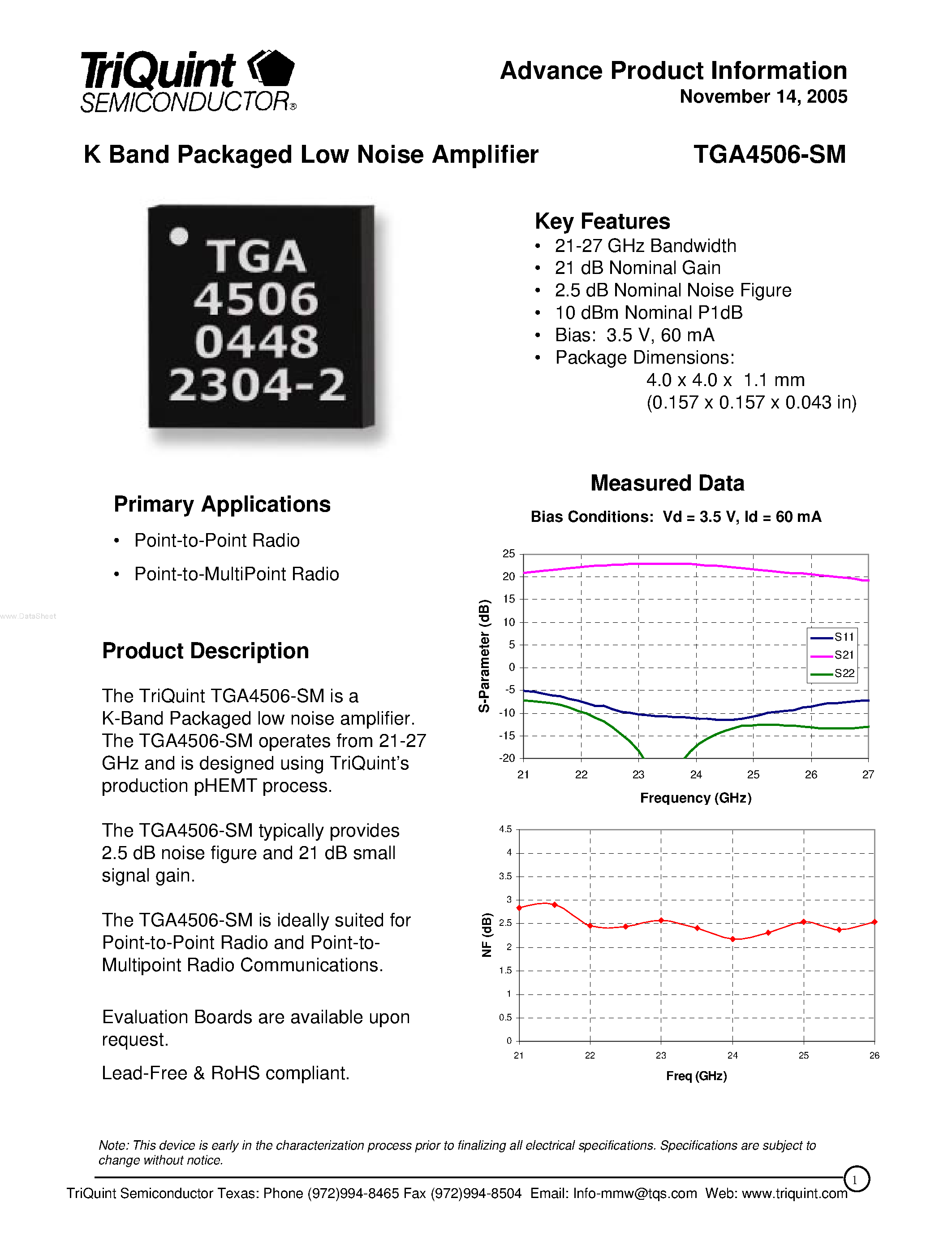 Datasheet TGA4506-SM - K Band Packaged Low Noise Amplifier page 1