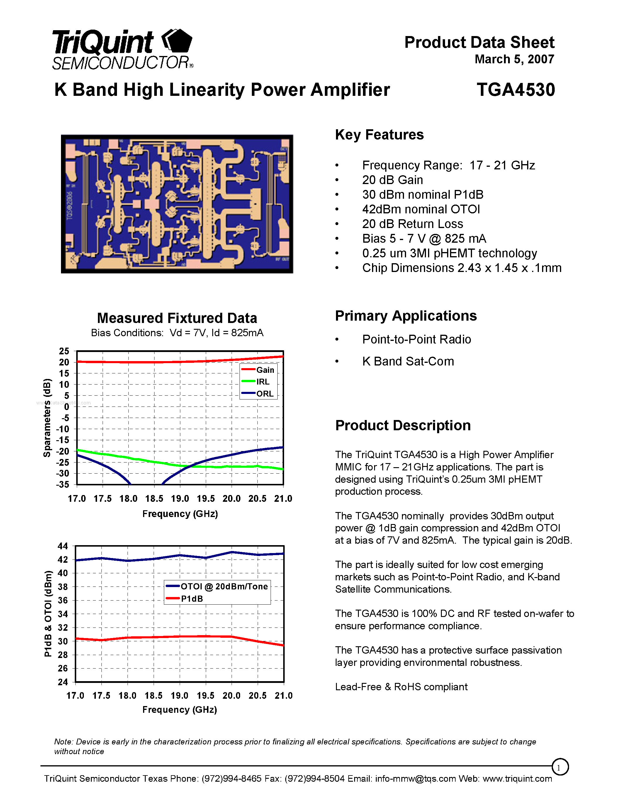 Datasheet TGA4530 page 1 Datasheet TGA4530 - K Band High Linearity Power Amplifier page 1