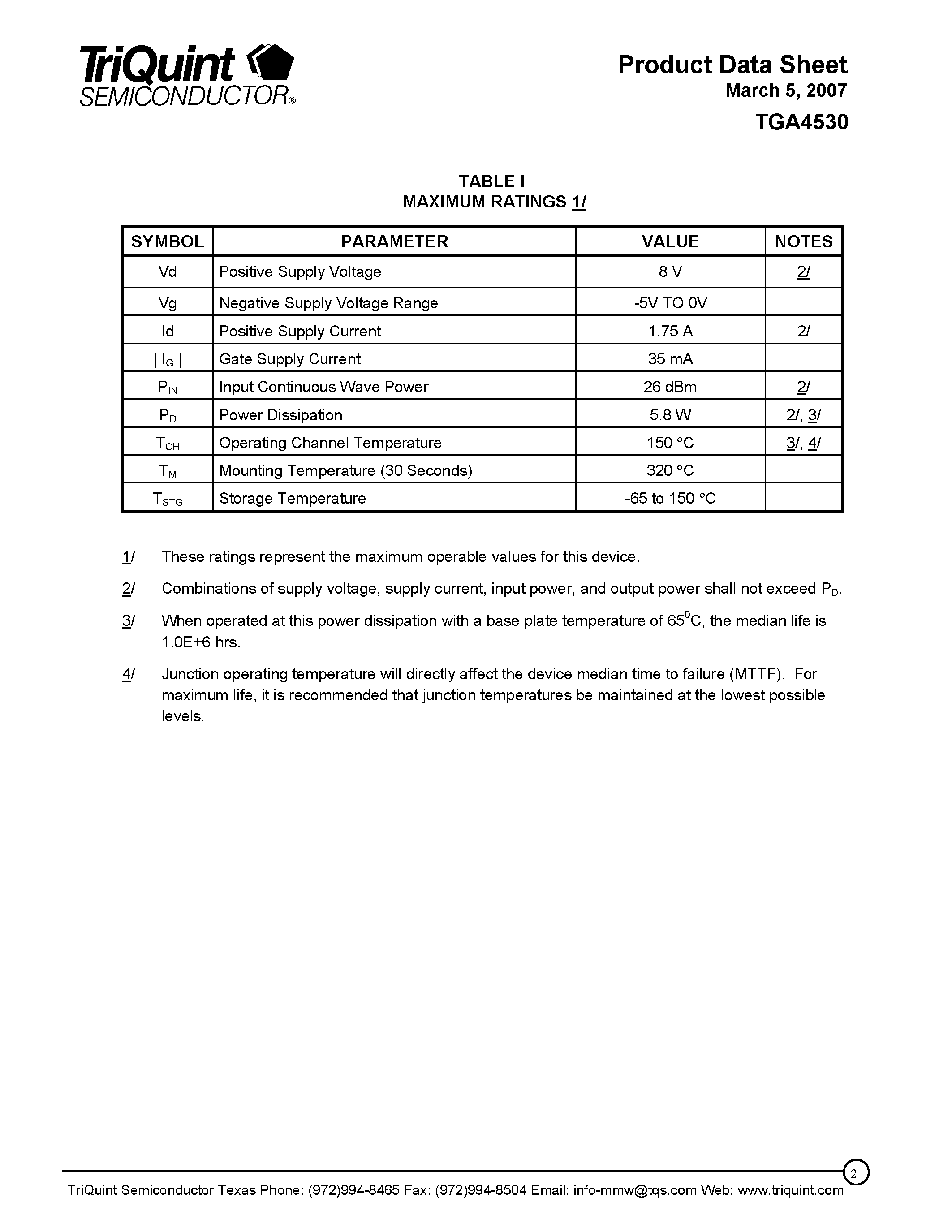 Datasheet TGA4530 page 2 Datasheet TGA4530 - K Band High Linearity Power Amplifier page 2