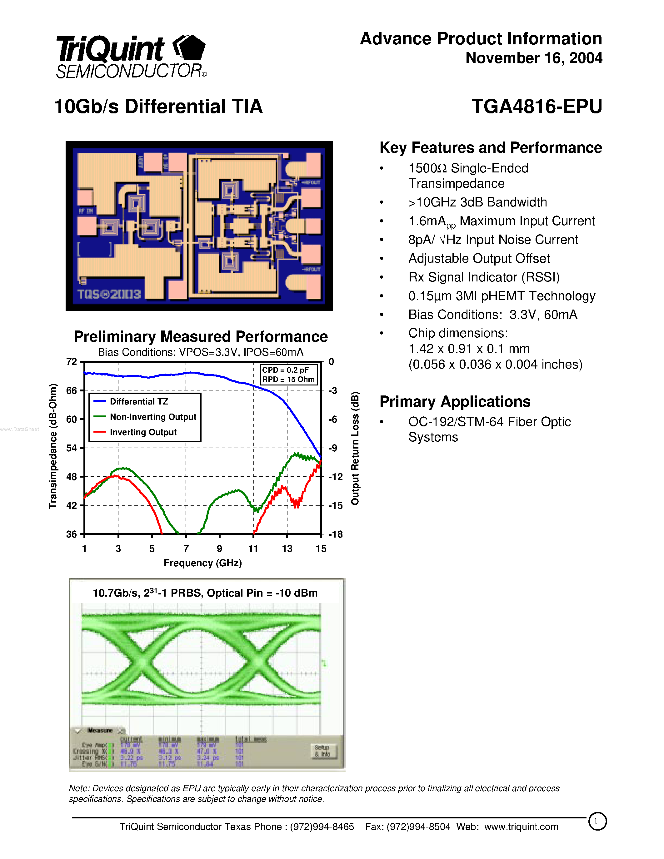 Datasheet TGA4816-EPU - 10Gb/s Differential TIA page 1