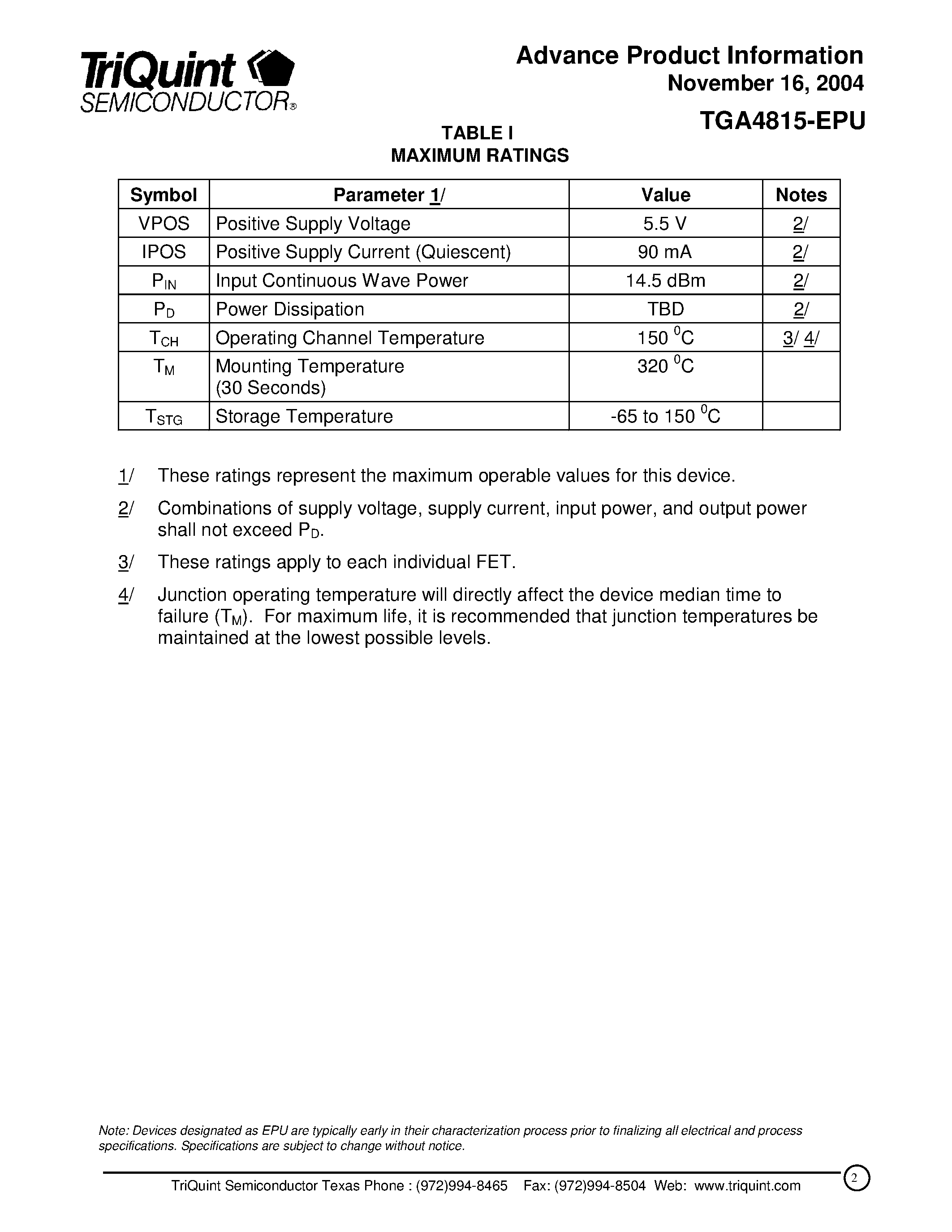 Datasheet TGA4815-EPU page 2 Datasheet TGA4815-EPU - 10Gb/s Differential TIA page 2