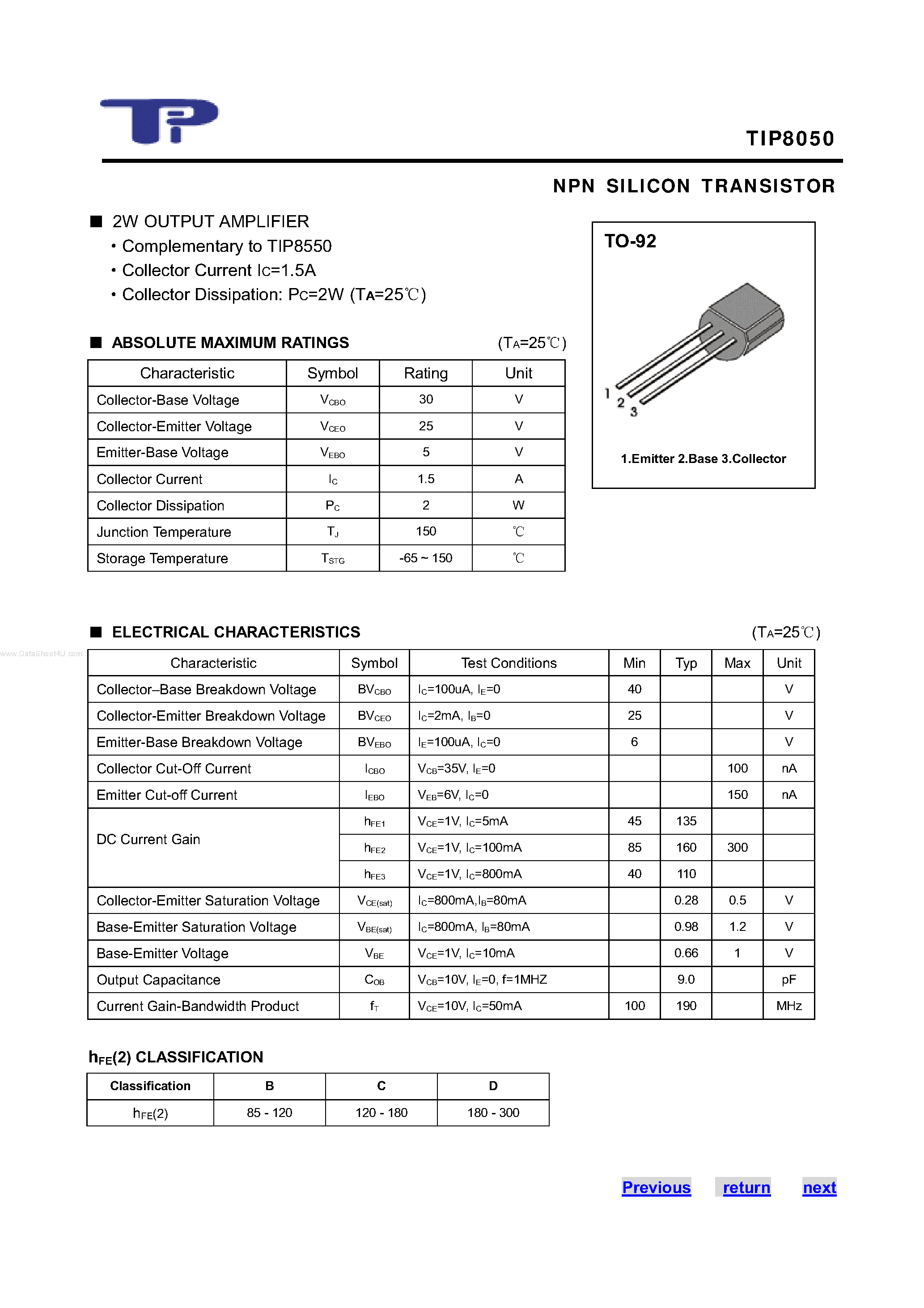 Datasheet TIP8050 - NPN SILICON TRANSISTOR page 1