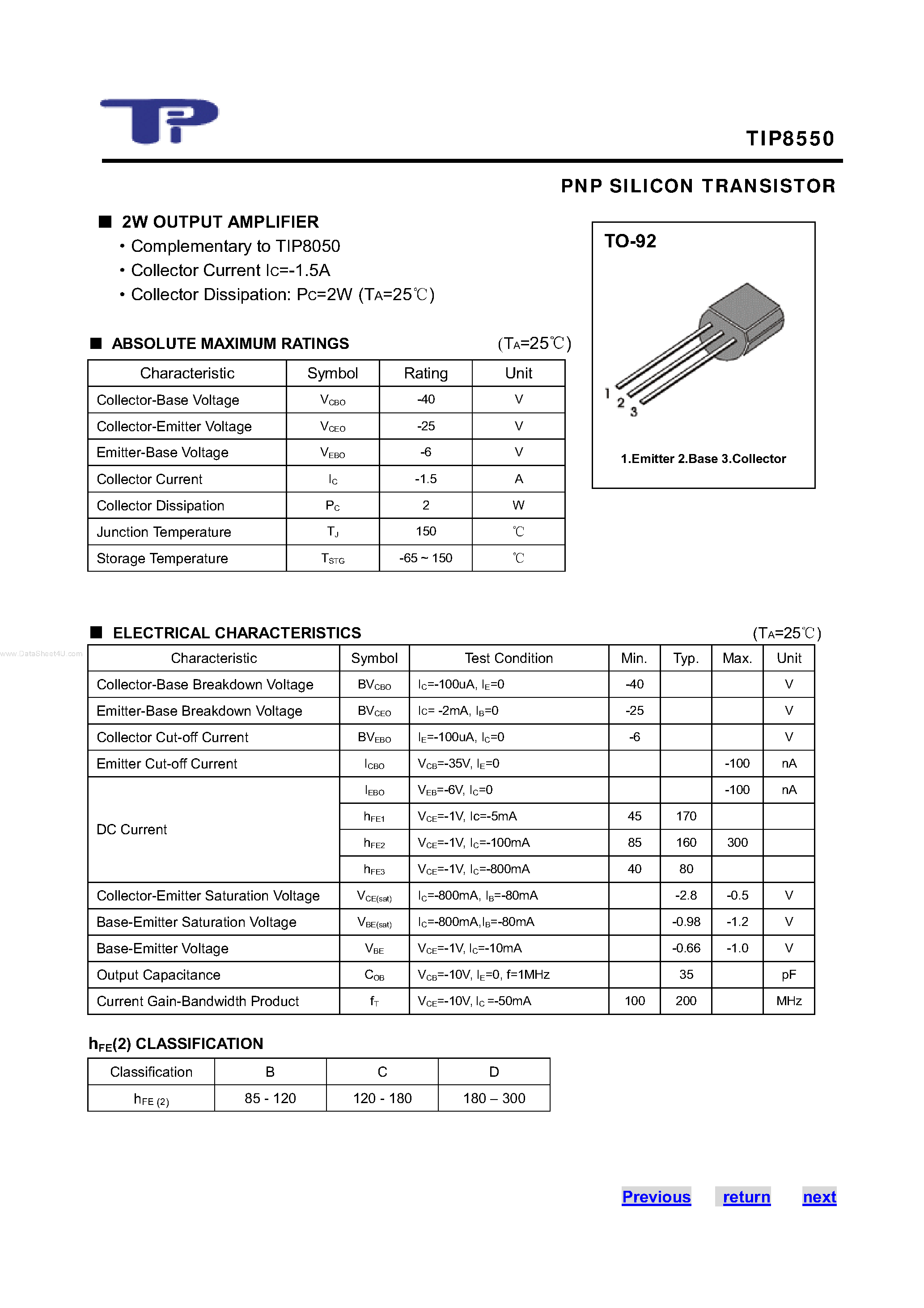 Datasheet TIP8550 page 1 Datasheet TIP8550 - PNP SILICON TRANSISTOR page 1