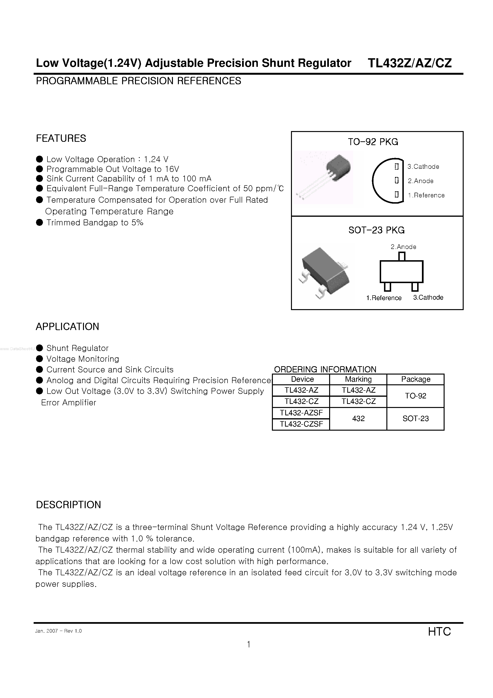 Даташит TL432CZ - Low Voltage(1.24V) Adjustable Precision Shunt Regulator страница 1