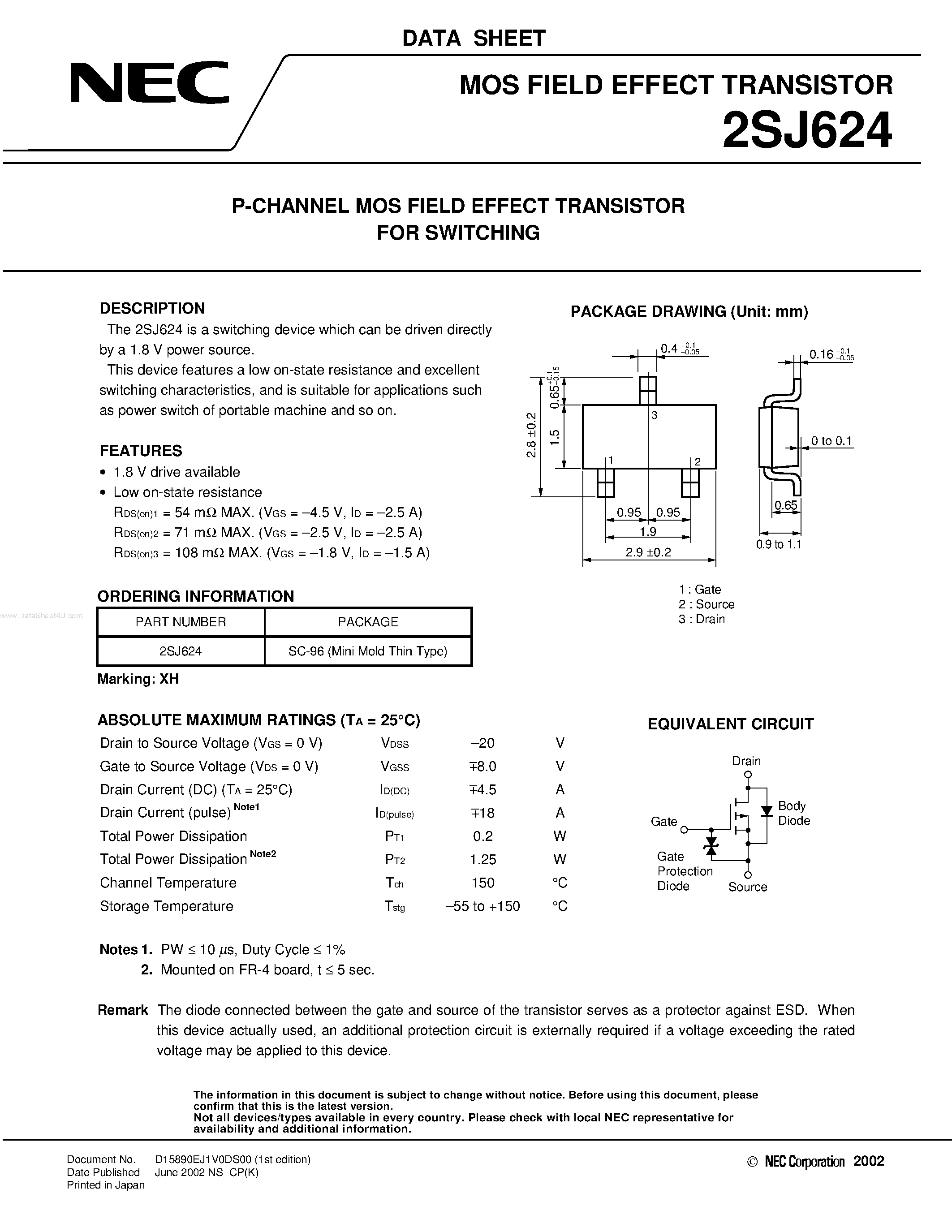 Даташит 2SJ624 - MOS FIELD EFFECT TRANSISTOR страница 1