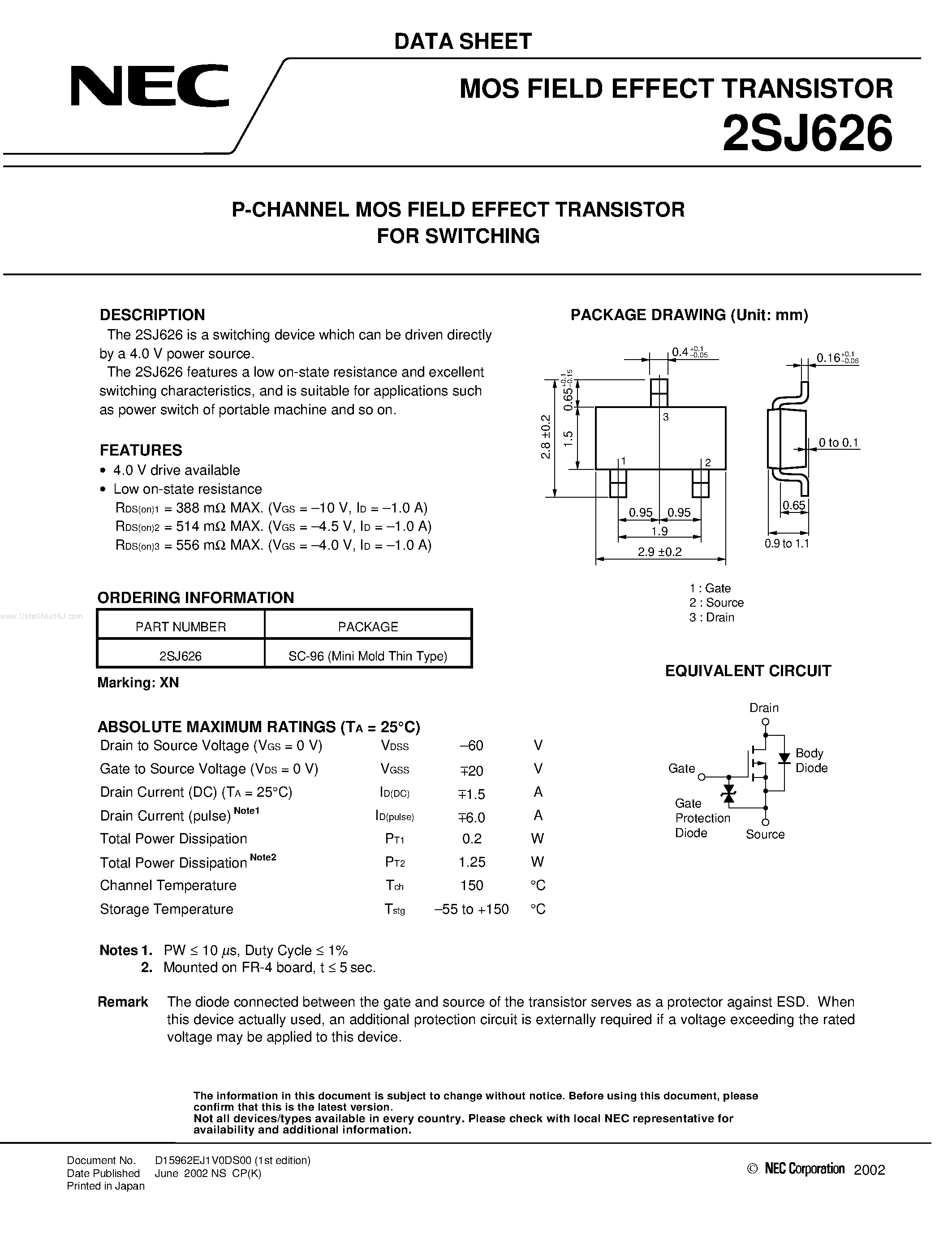 Даташит 2SJ626 - MOS FIELD EFFECT TRANSISTOR страница 1