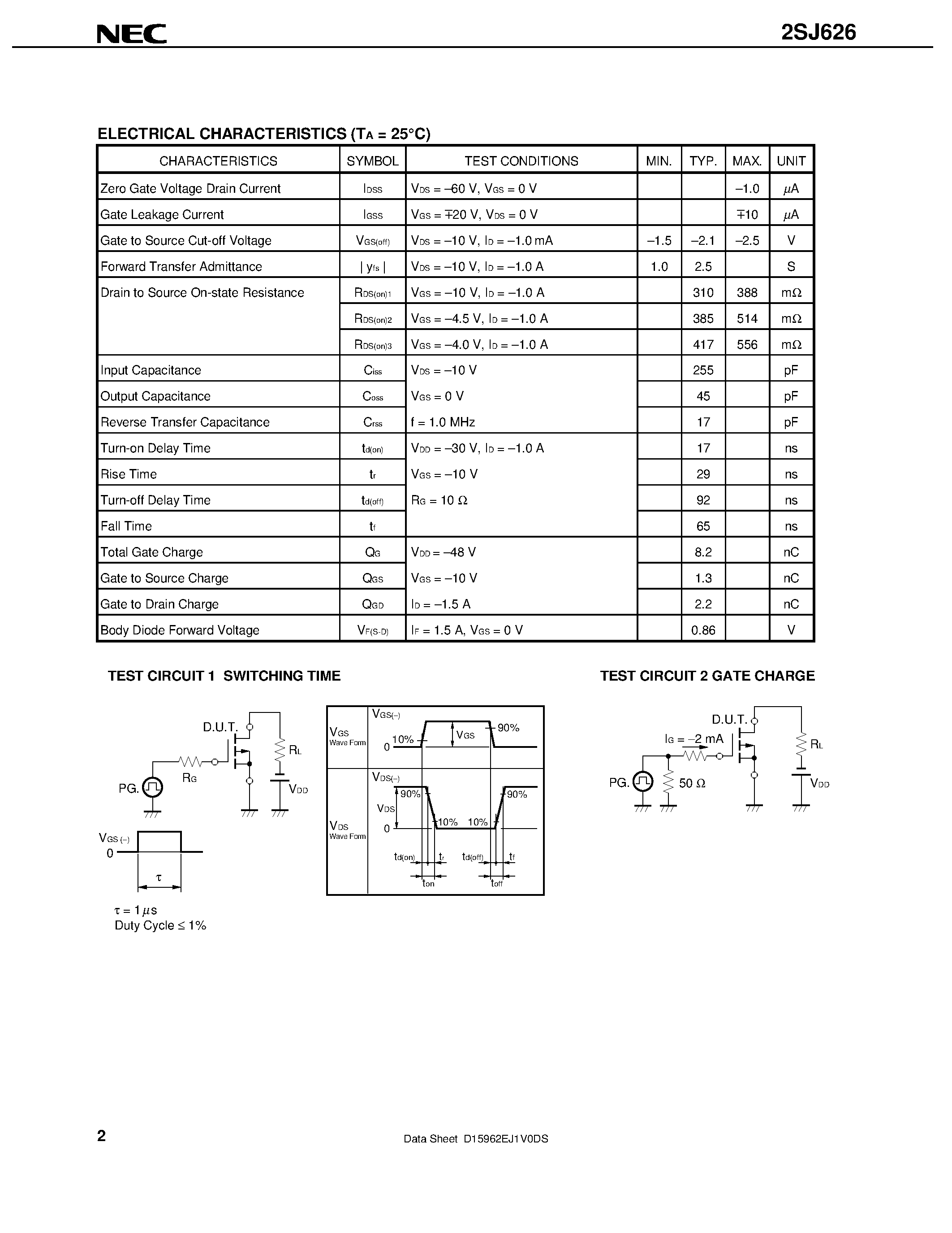Даташит 2SJ626 - MOS FIELD EFFECT TRANSISTOR страница 2
