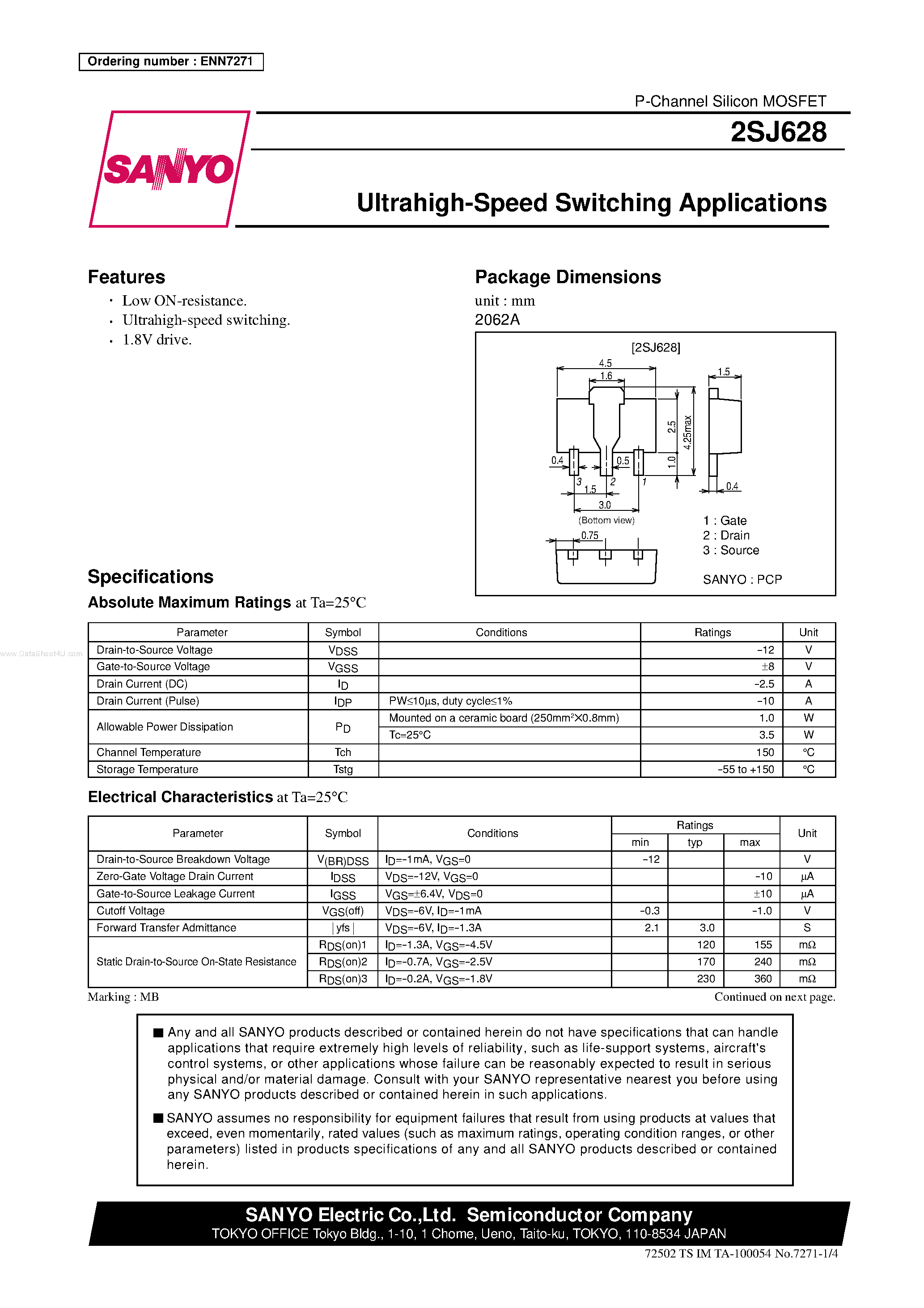 Даташит 2SJ628 - Ultrahigh-Speed Switching Applications страница 1