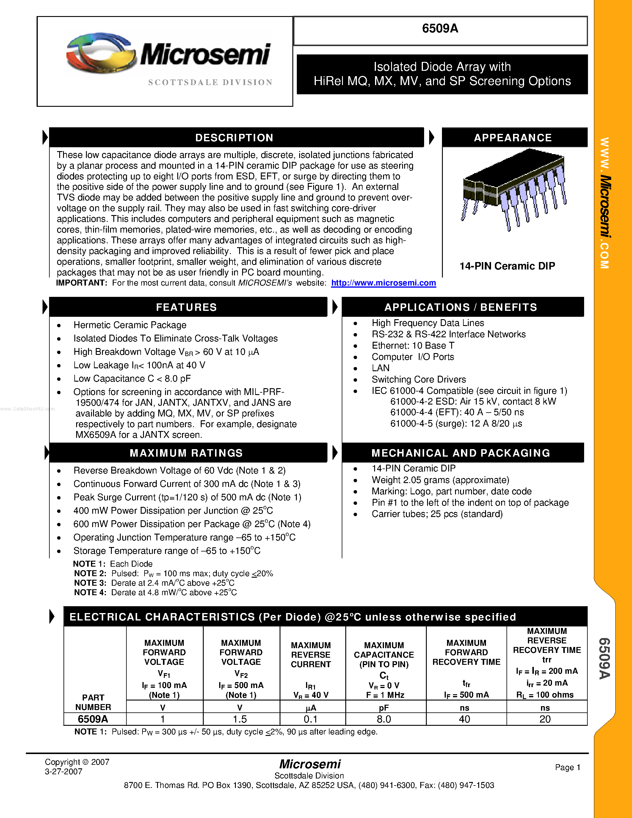 Datasheet 6509A page 1 Datasheet 6509A - Isolated Diode Array page 1