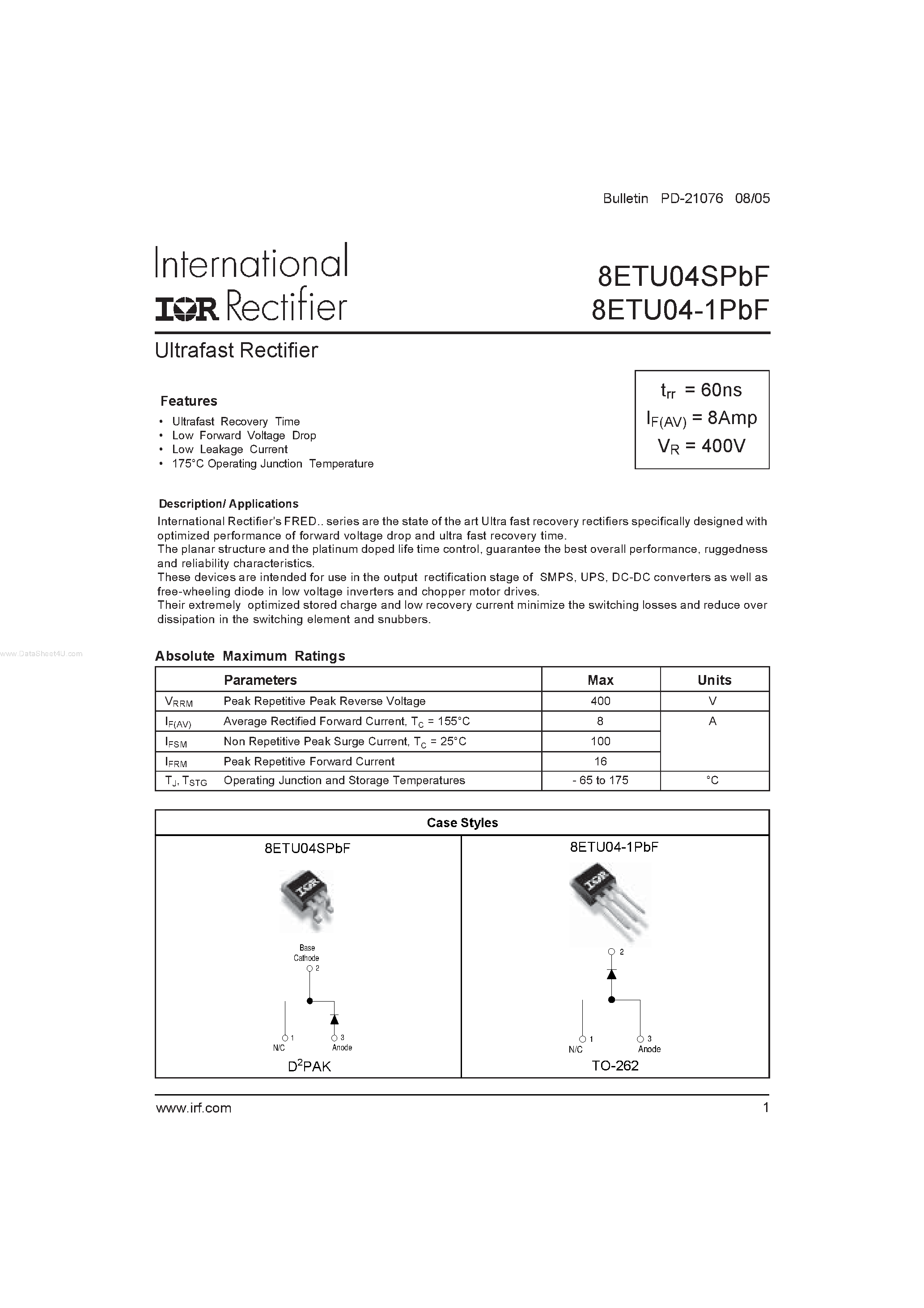 Datasheet 8ETU04-1PBF - Ultrafast Rectifier page 1