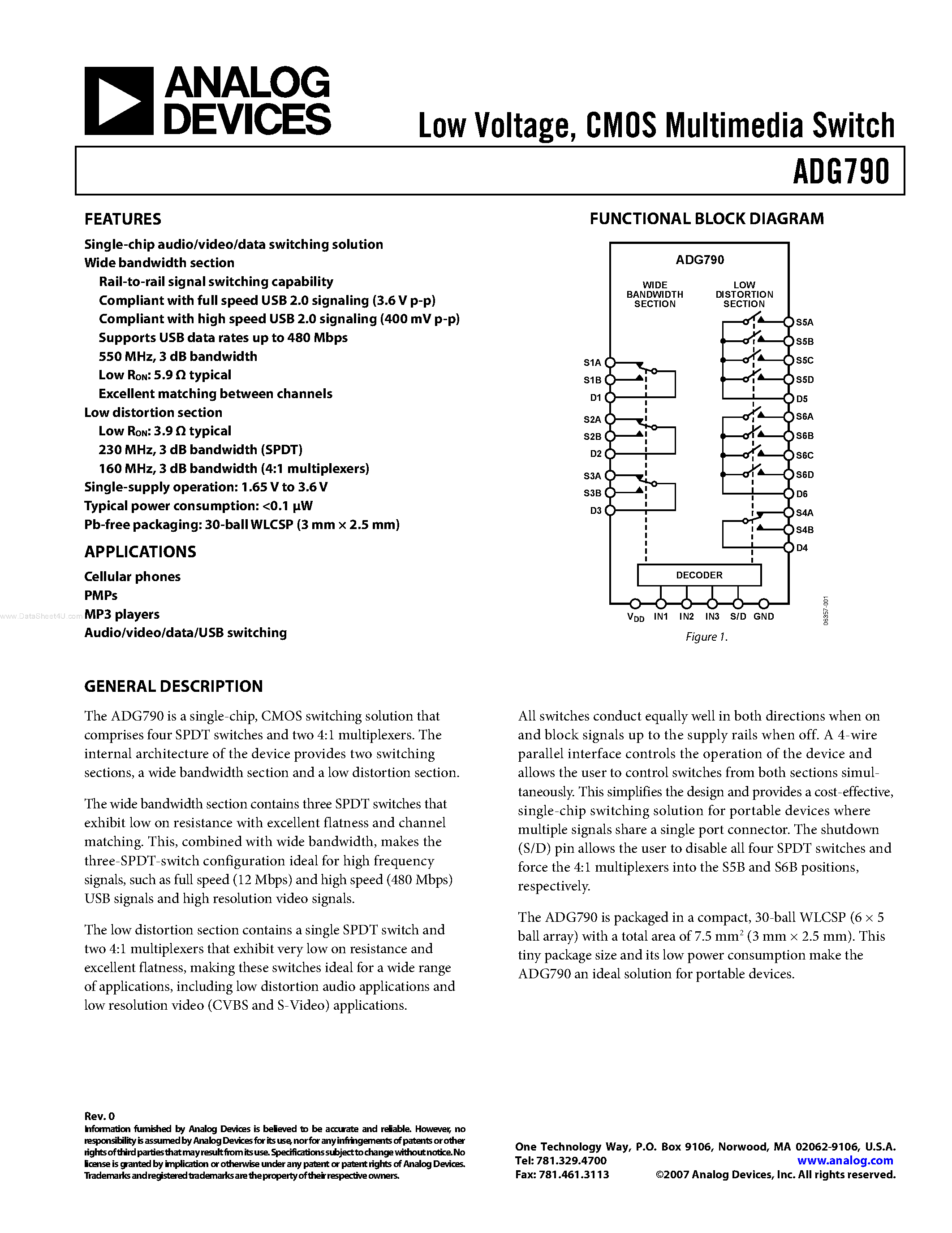 Даташит на микросхему ADG790 страница 1 Даташит ADG790 - CMOS Multimedia Switch страница 1