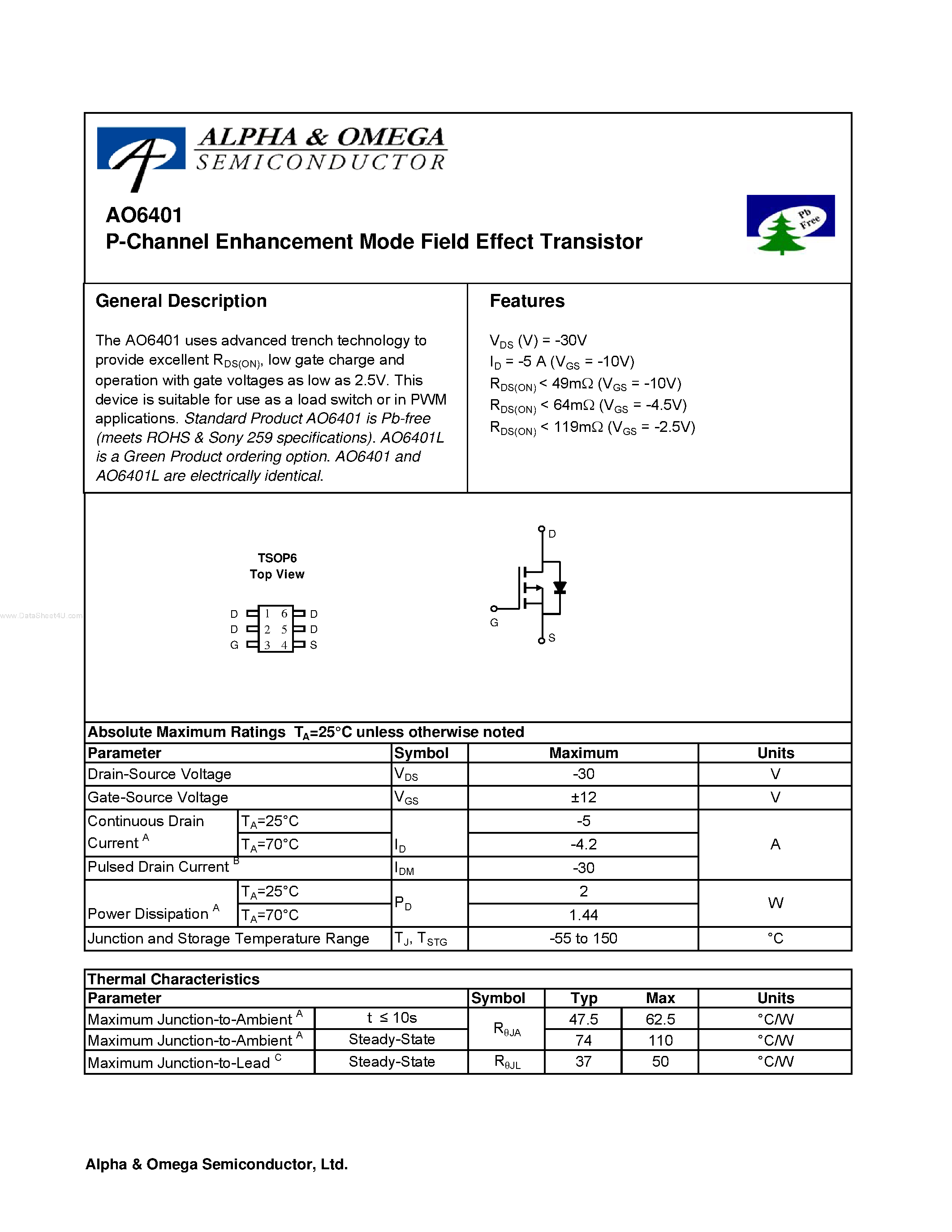 Datasheet AO6401 - P-Channel Enhancement Mode Field Effect Transistor page 1