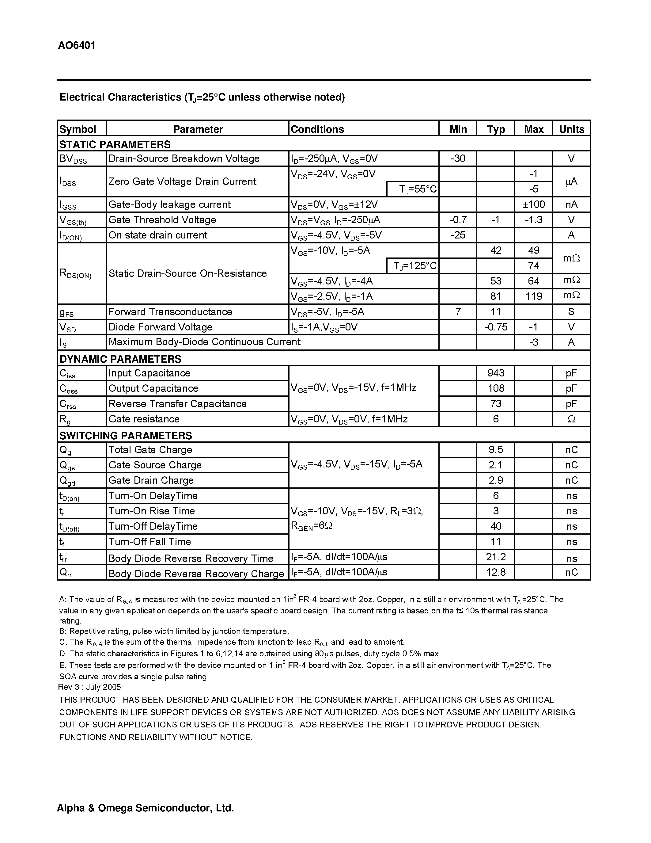Datasheet AO6401 - P-Channel Enhancement Mode Field Effect Transistor page 2