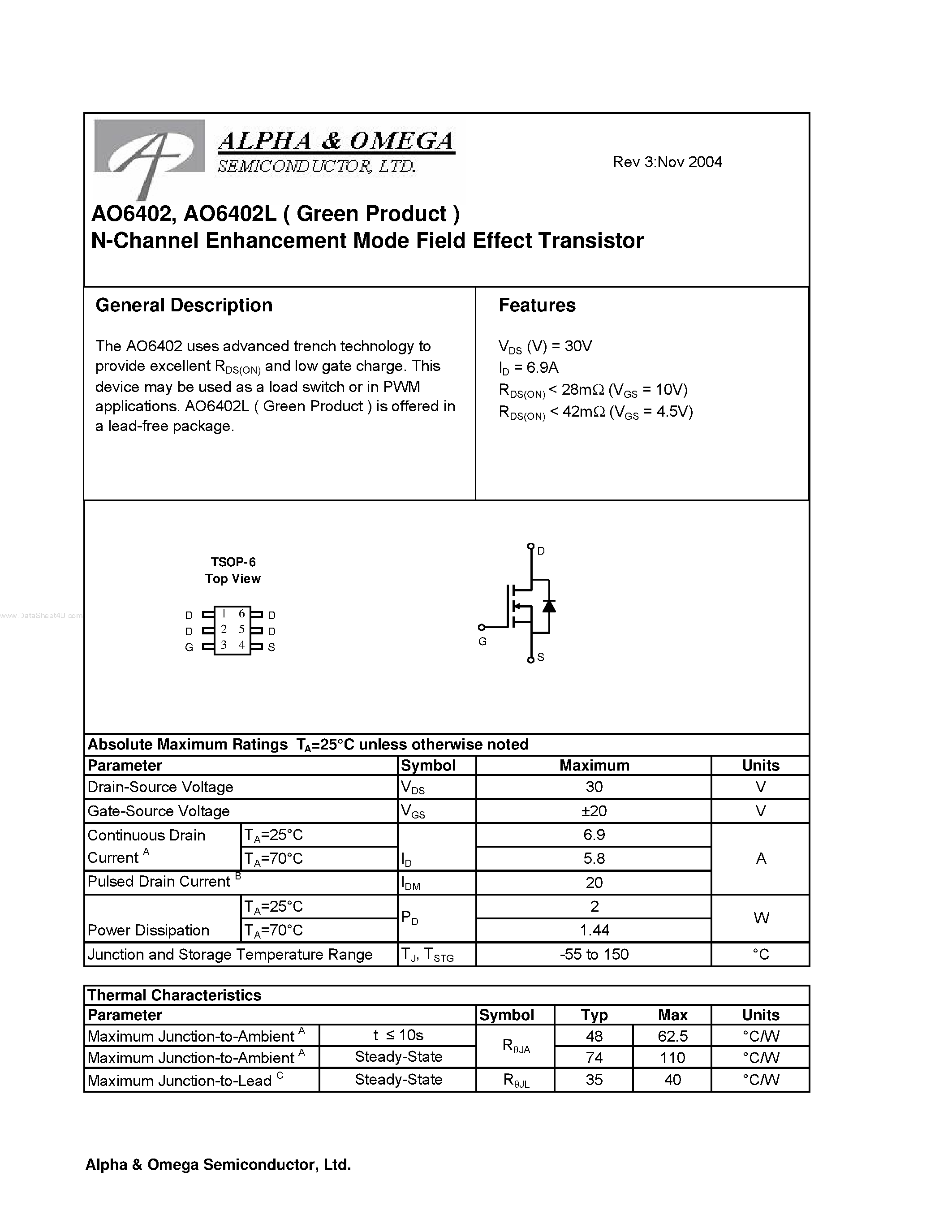 Datasheet AO6402 - N-Channel Enhancement Mode Field Effect Transistor page 1