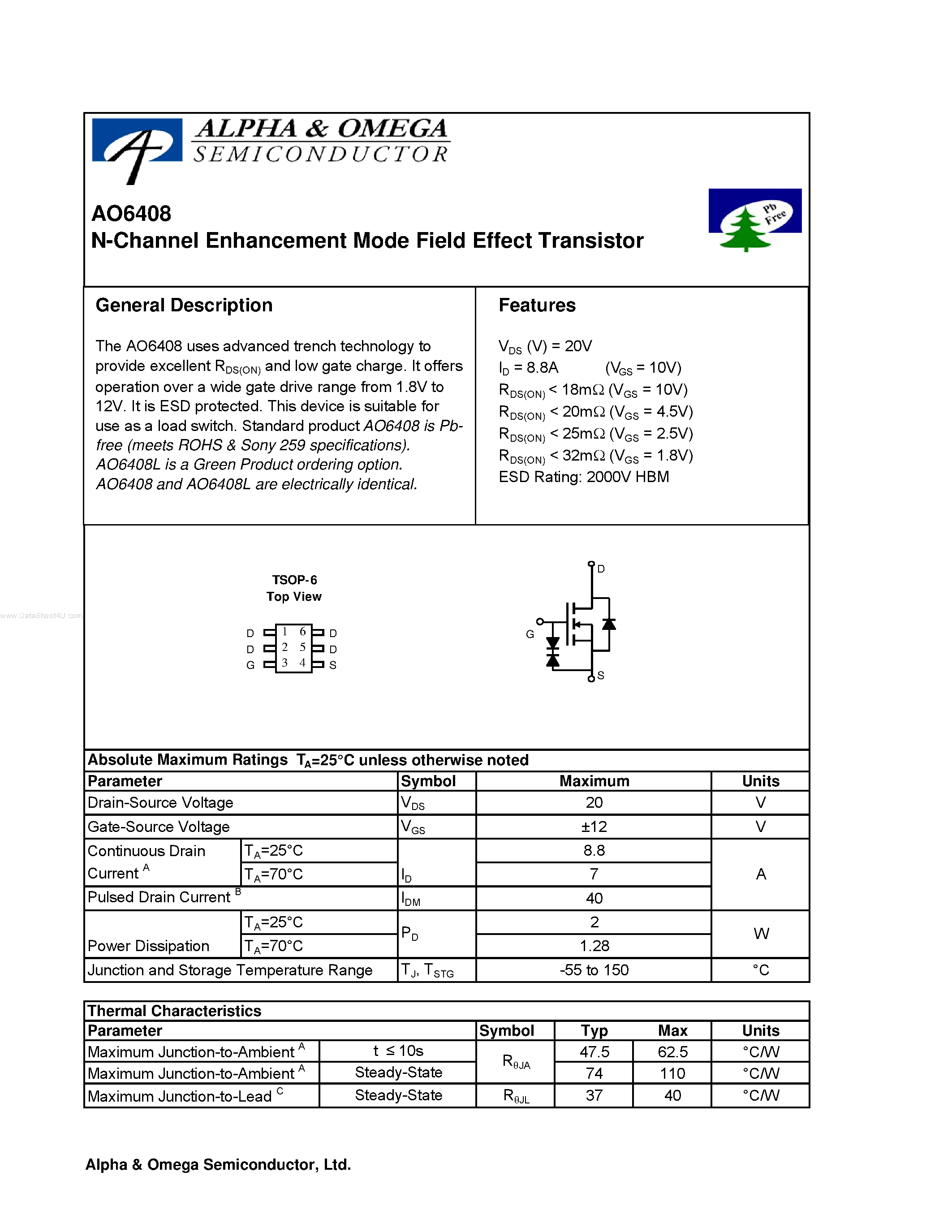 Datasheet AO6408 - N-Channel Enhancement Mode Field Effect Transistor page 1