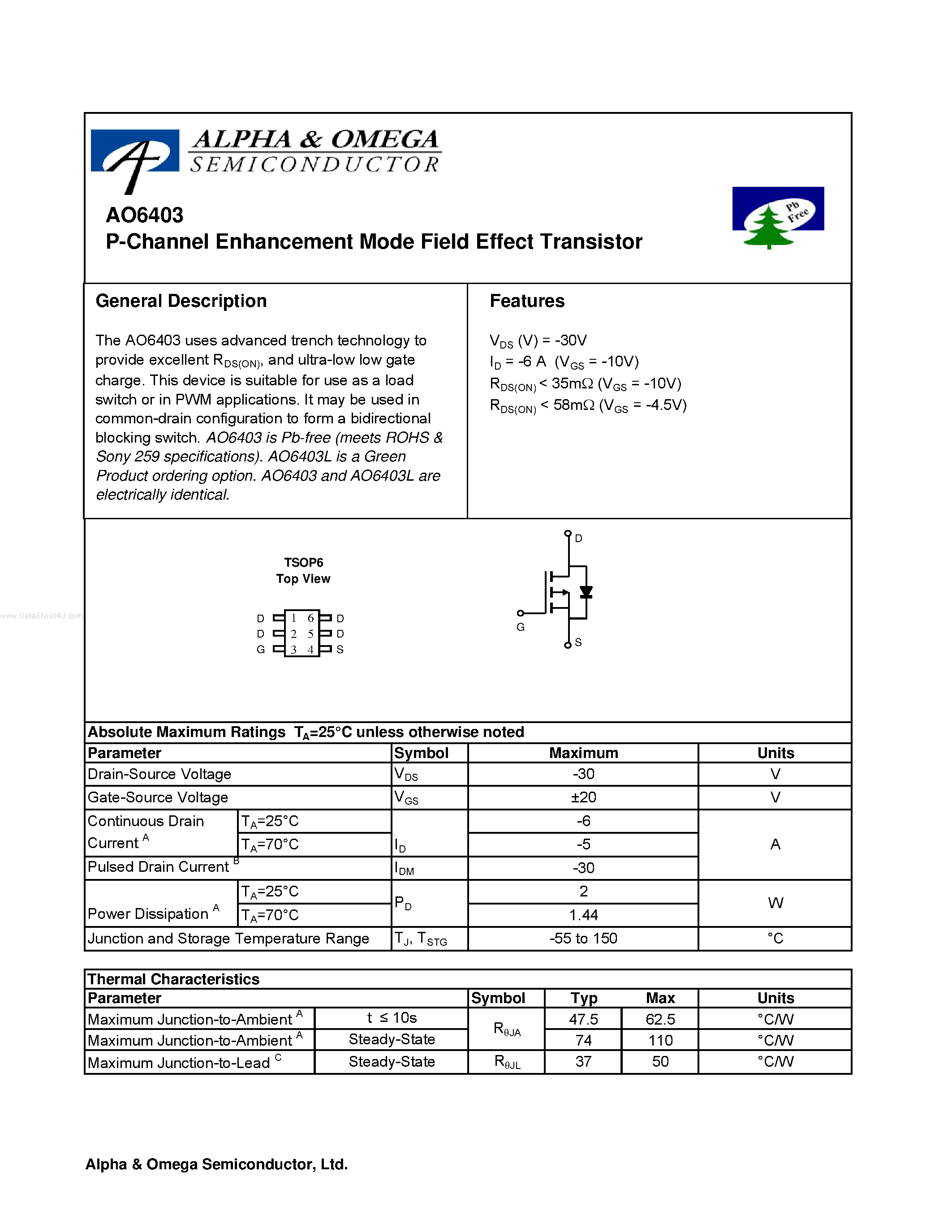 Datasheet AO6403 - P-Channel Enhancement Mode Field Effect Transistor page 1