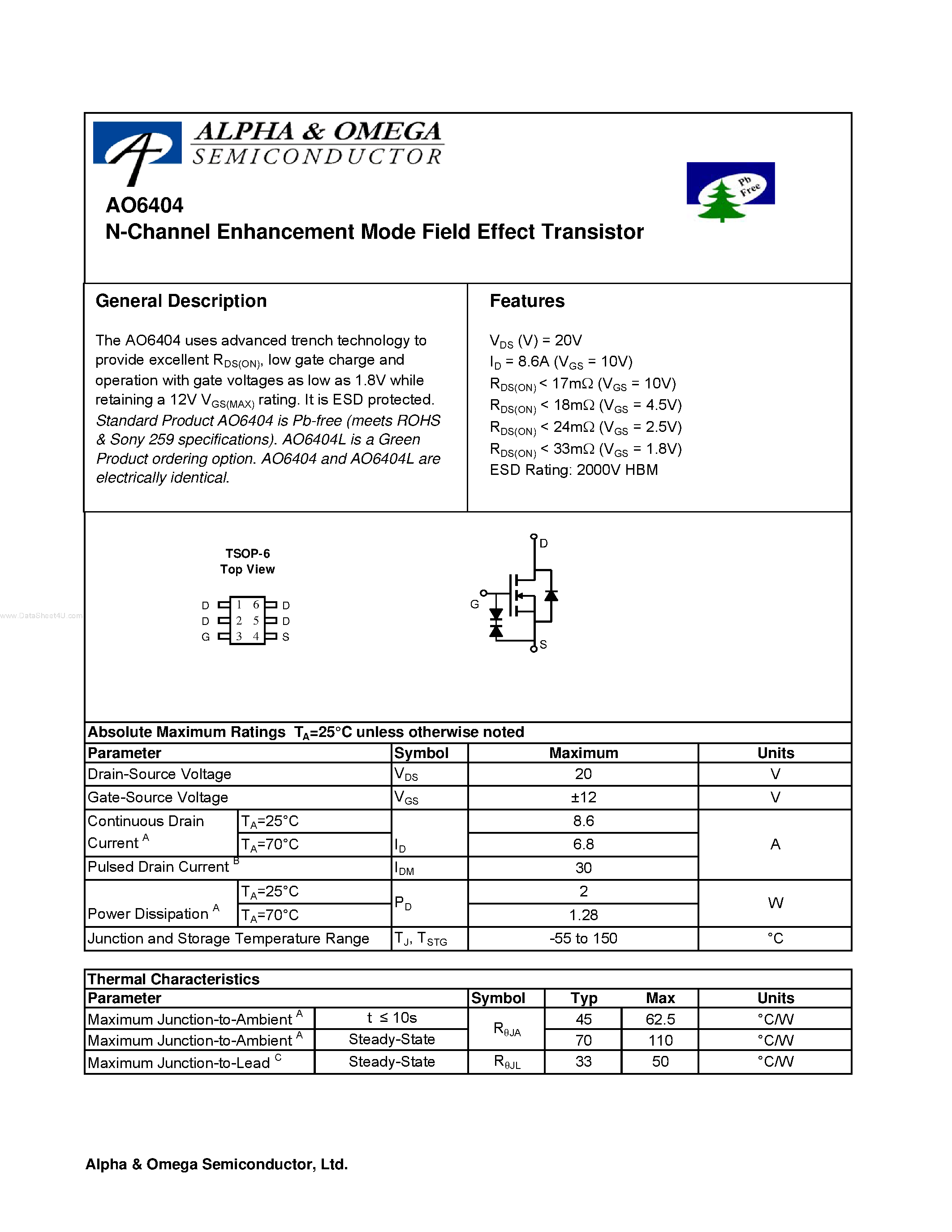 Datasheet AO6404 - N-Channel Enhancement Mode Field Effect Transistor page 1